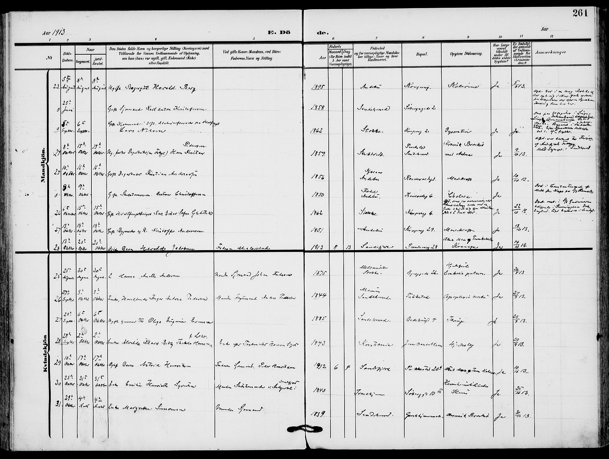 Sandefjord kirkebøker, AV/SAKO-A-315/F/Fa/L0005: Parish register (official) no. 5, 1906-1915, p. 261