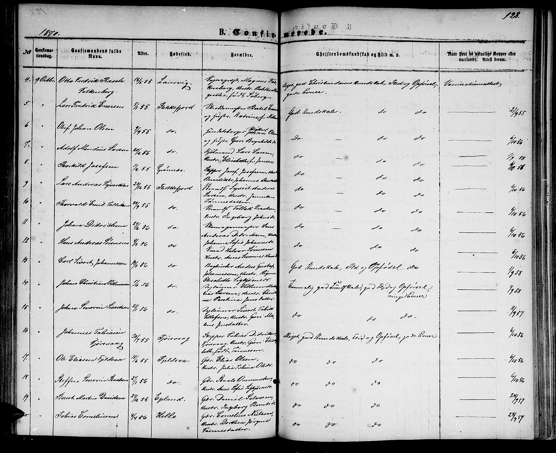 Flekkefjord sokneprestkontor, SAK/1111-0012/F/Fb/Fbc/L0006: Parish register (copy) no. B 6, 1866-1879, p. 128