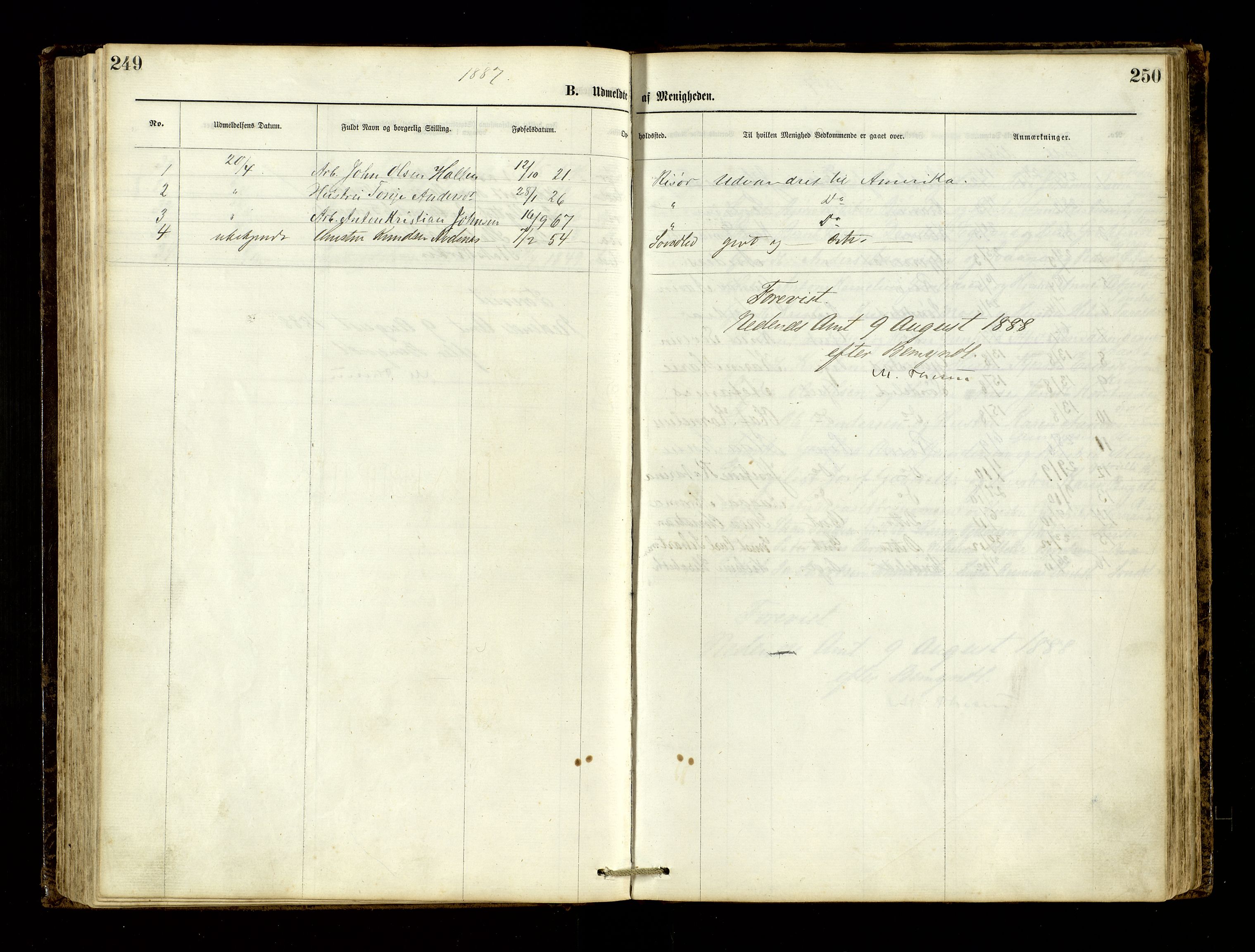 Den evangelisk-lutherske frimenighet, Risør, AV/SAK-1292-0007/F/Fa/L0001: Dissenter register no. F 17, 1877-1892, p. 249-250