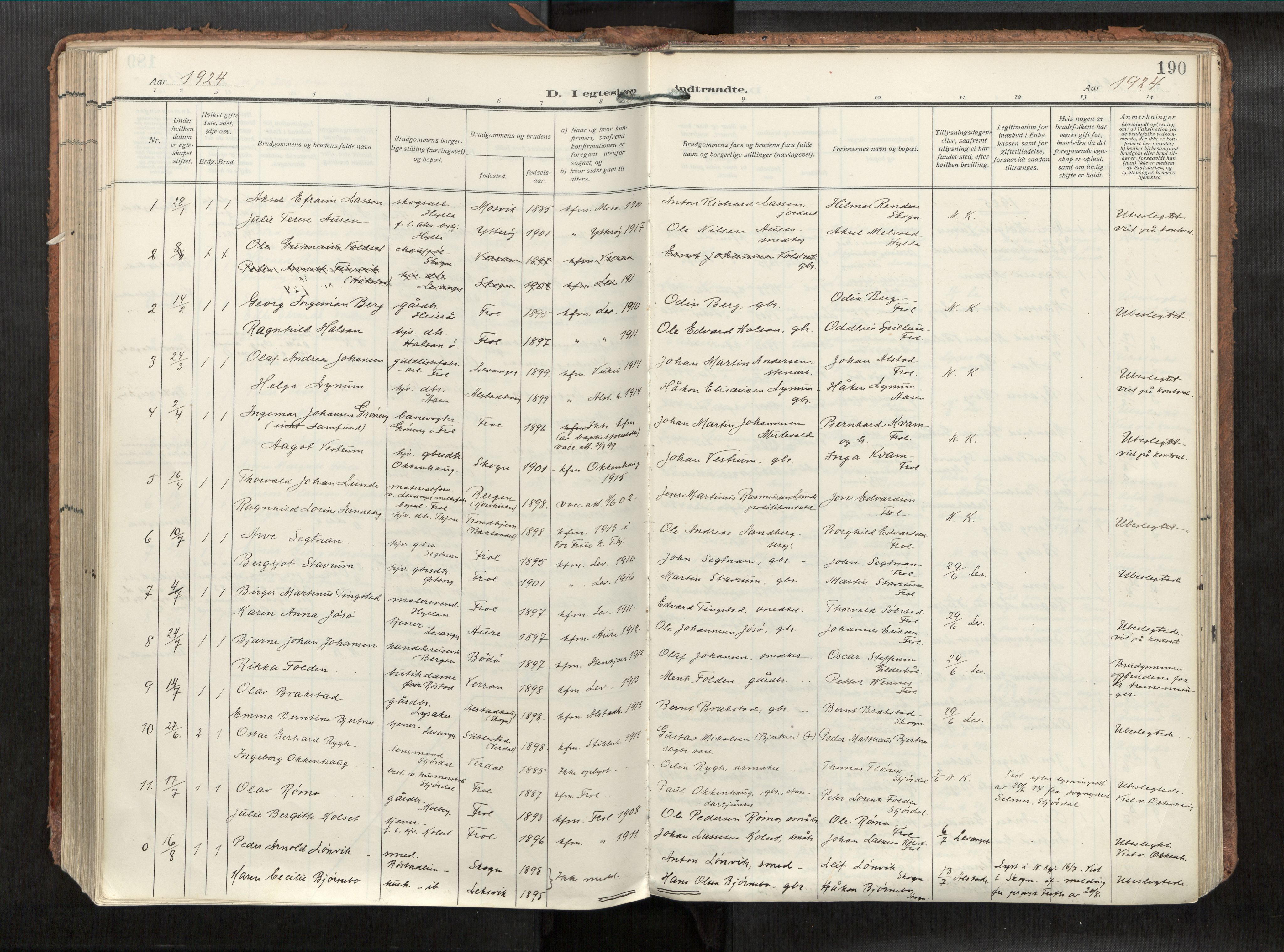 Levanger sokneprestkontor, SAT/A-1301/2/H/Haa/L0002: Parish register (official) no. 2, 1912-1935, p. 190