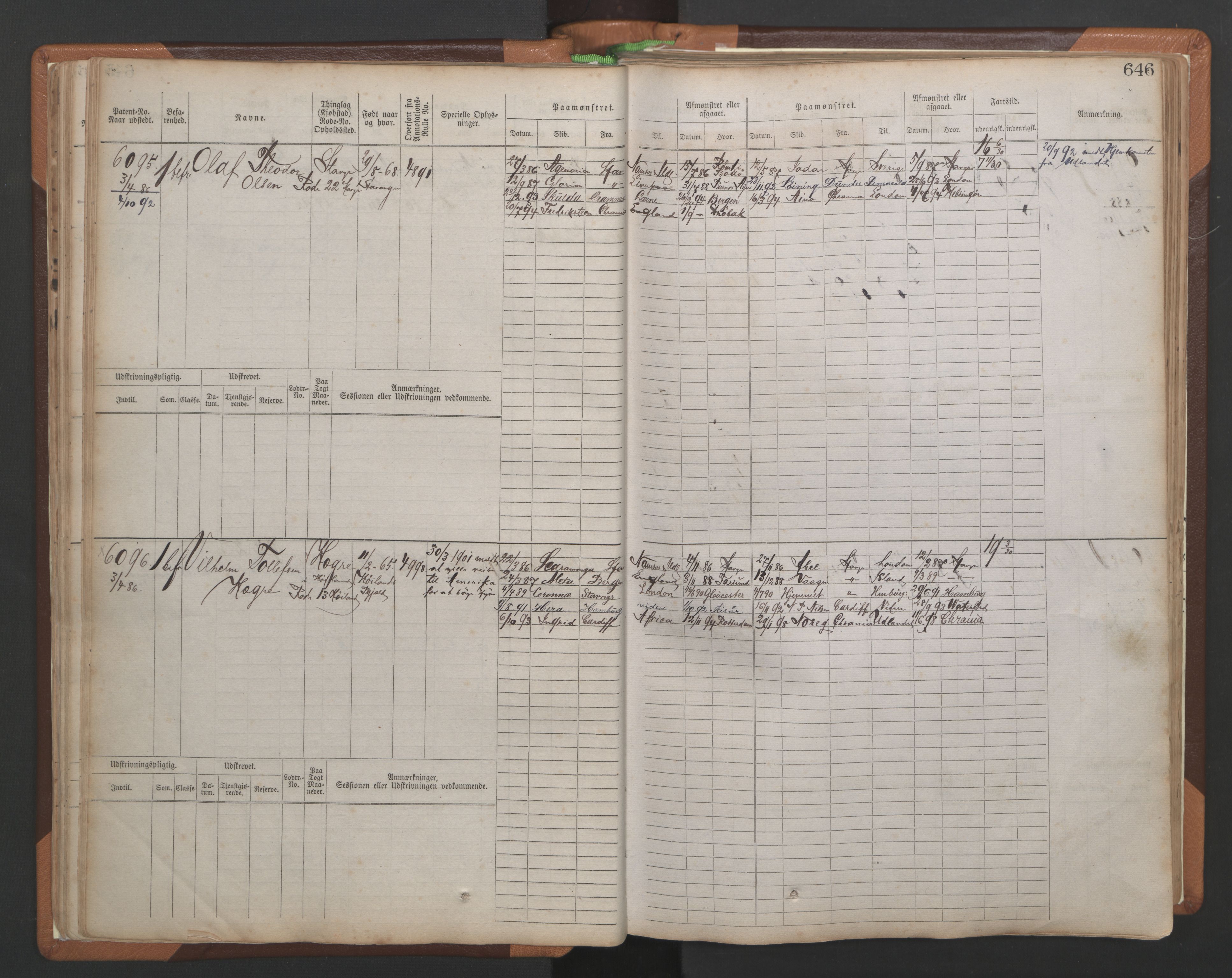 Stavanger sjømannskontor, AV/SAST-A-102006/F/Fb/Fbb/L0010: Sjøfartshovedrulle, patentnr. 6007-6606 (del 1), 1887-1896, p. 50