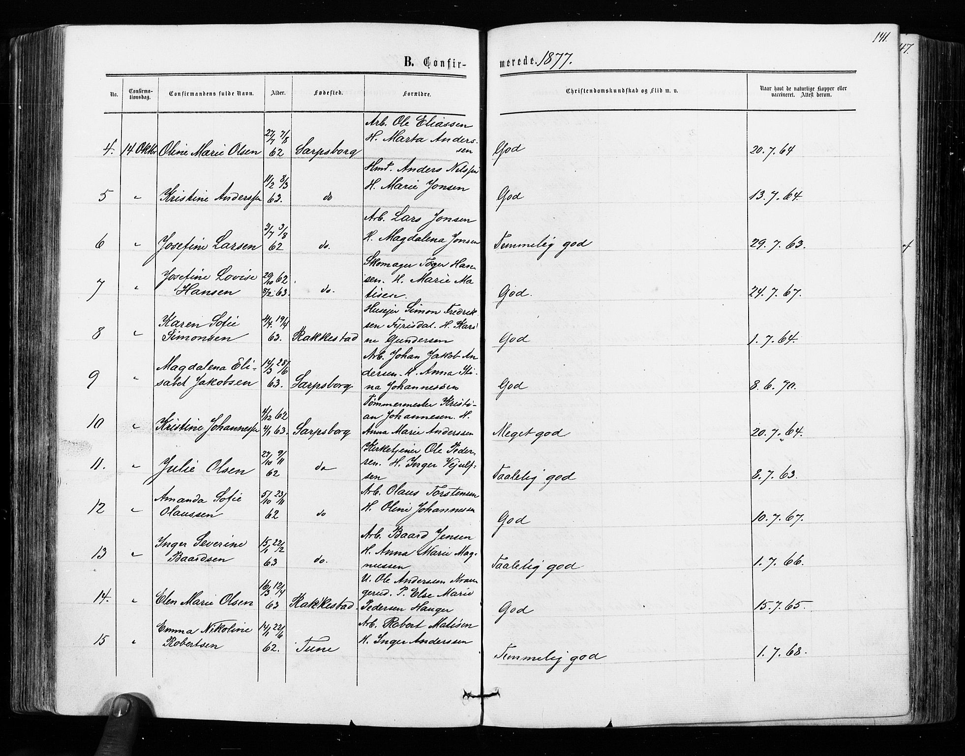 Sarpsborg prestekontor Kirkebøker, AV/SAO-A-2006/F/Fa/L0002: Parish register (official) no. 2, 1869-1877, p. 141