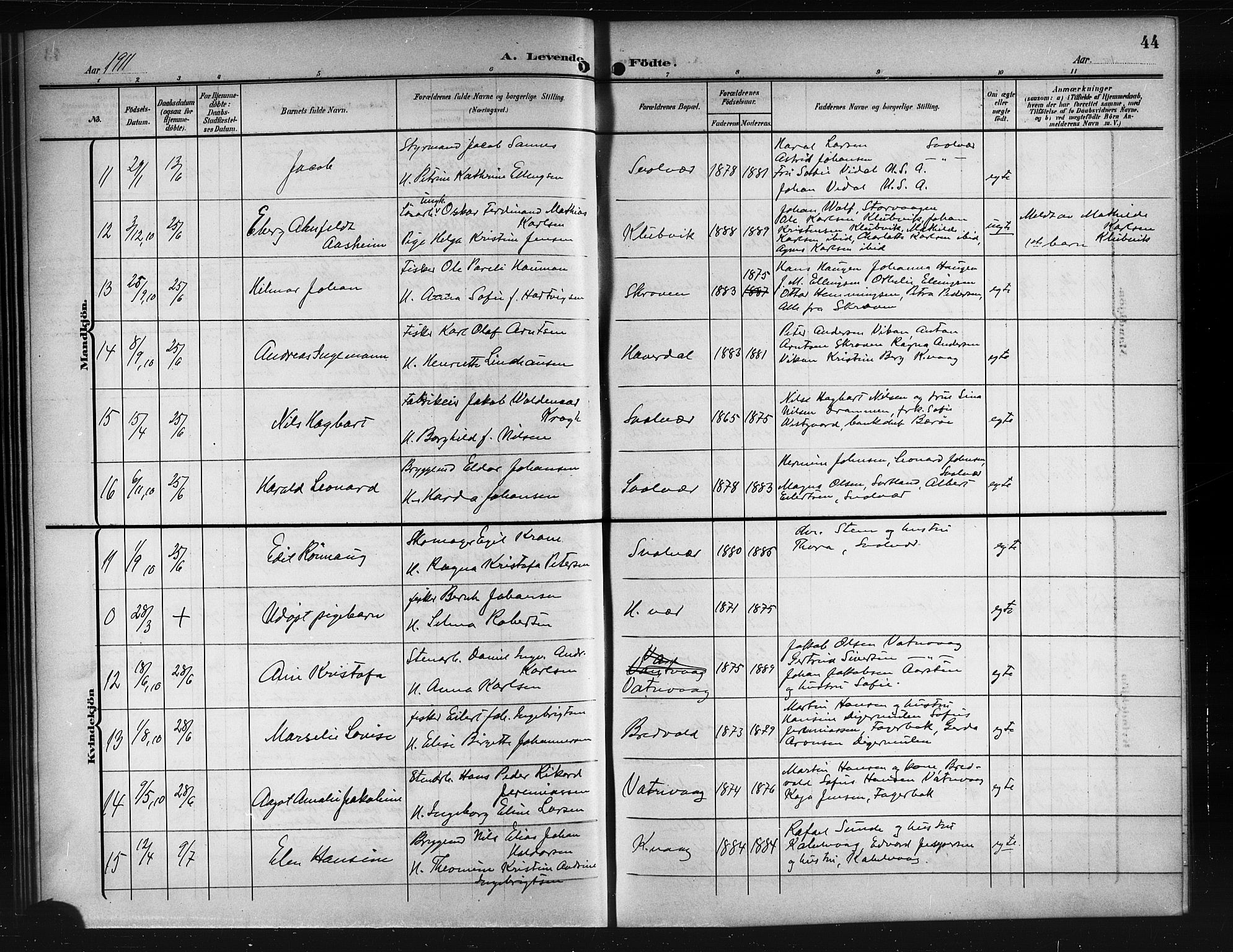 Ministerialprotokoller, klokkerbøker og fødselsregistre - Nordland, AV/SAT-A-1459/874/L1079: Parish register (copy) no. 874C08, 1907-1915, p. 44