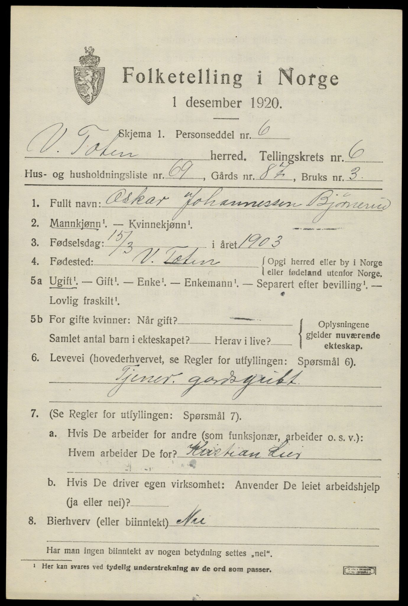 SAH, 1920 census for Vestre Toten, 1920, p. 8920