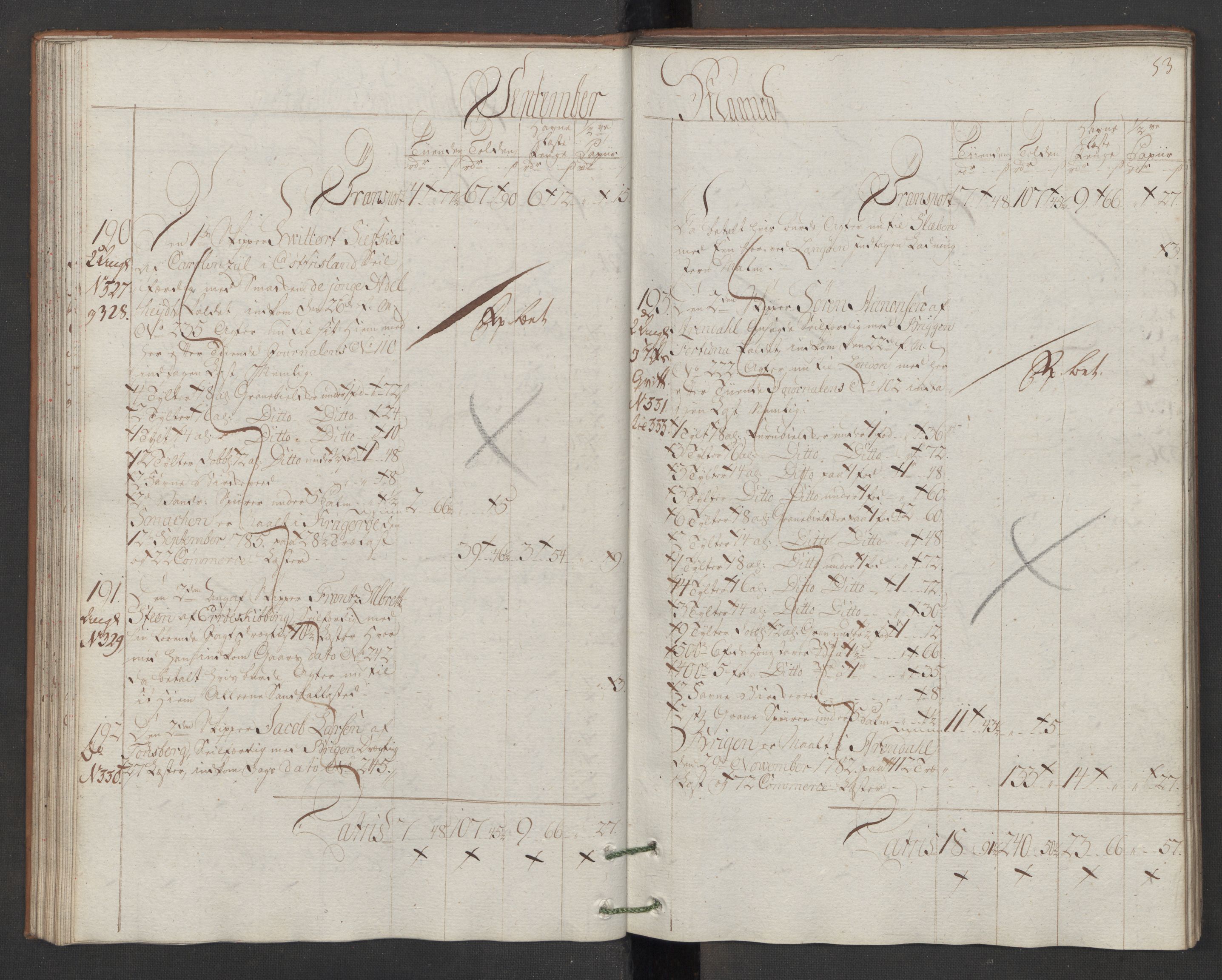 Generaltollkammeret, tollregnskaper, AV/RA-EA-5490/R13/L0078/0001: Tollregnskaper Kragerø / Utgående hovedtollbok, 1786, p. 52b-53a