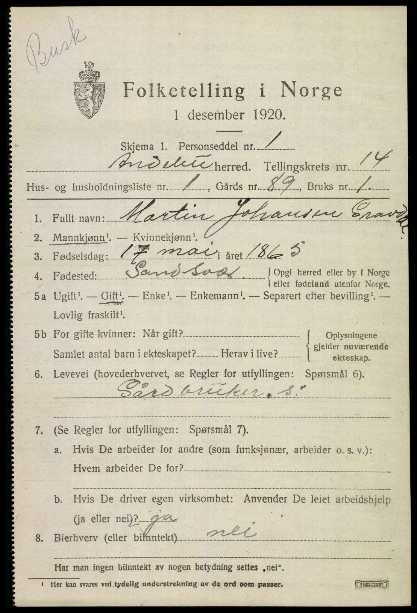 SAKO, 1920 census for Andebu, 1920, p. 5086