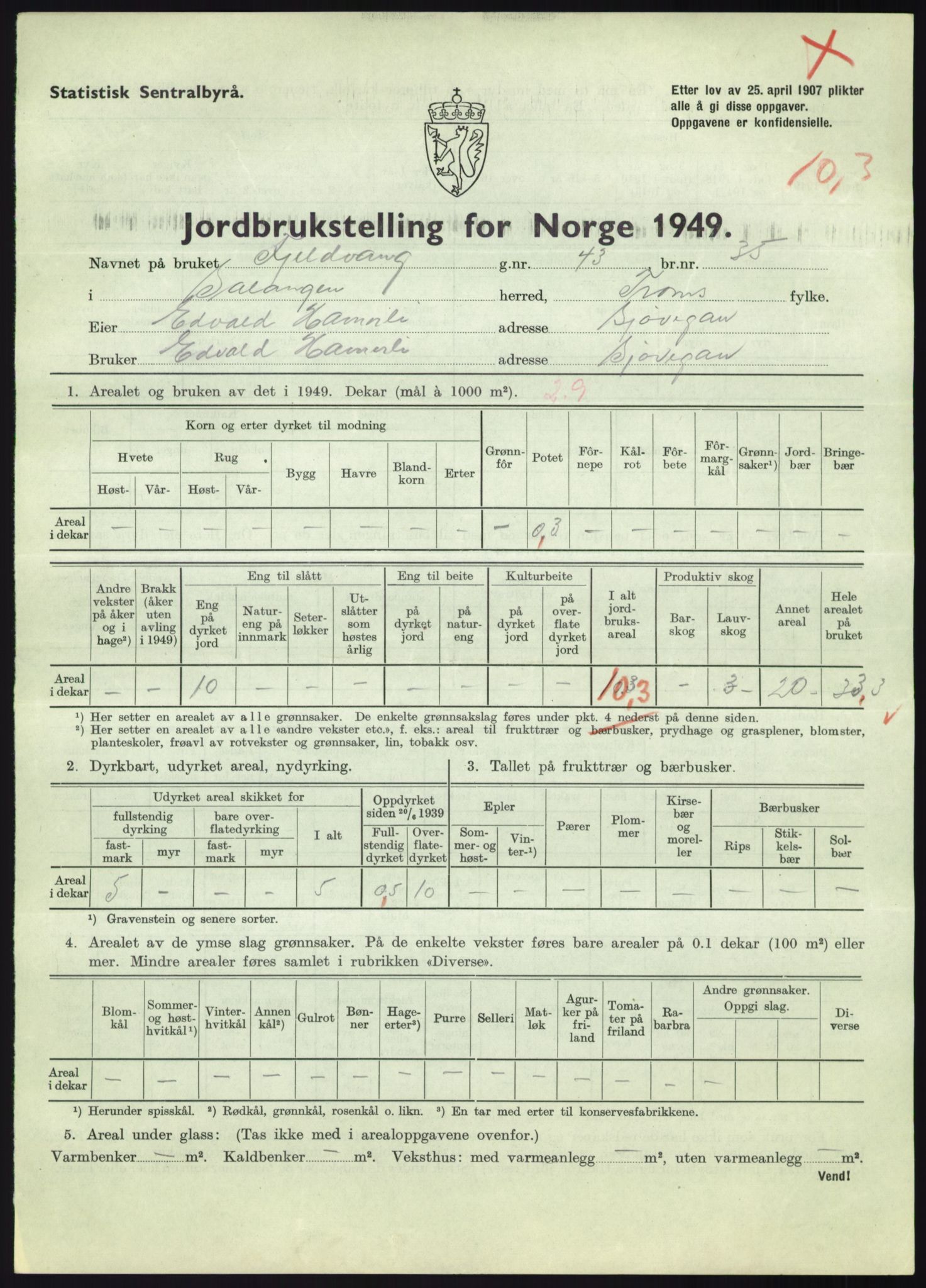 Statistisk sentralbyrå, Næringsøkonomiske emner, Jordbruk, skogbruk, jakt, fiske og fangst, AV/RA-S-2234/G/Gc/L0438: Troms: Salangen og Bardu, 1949, p. 385