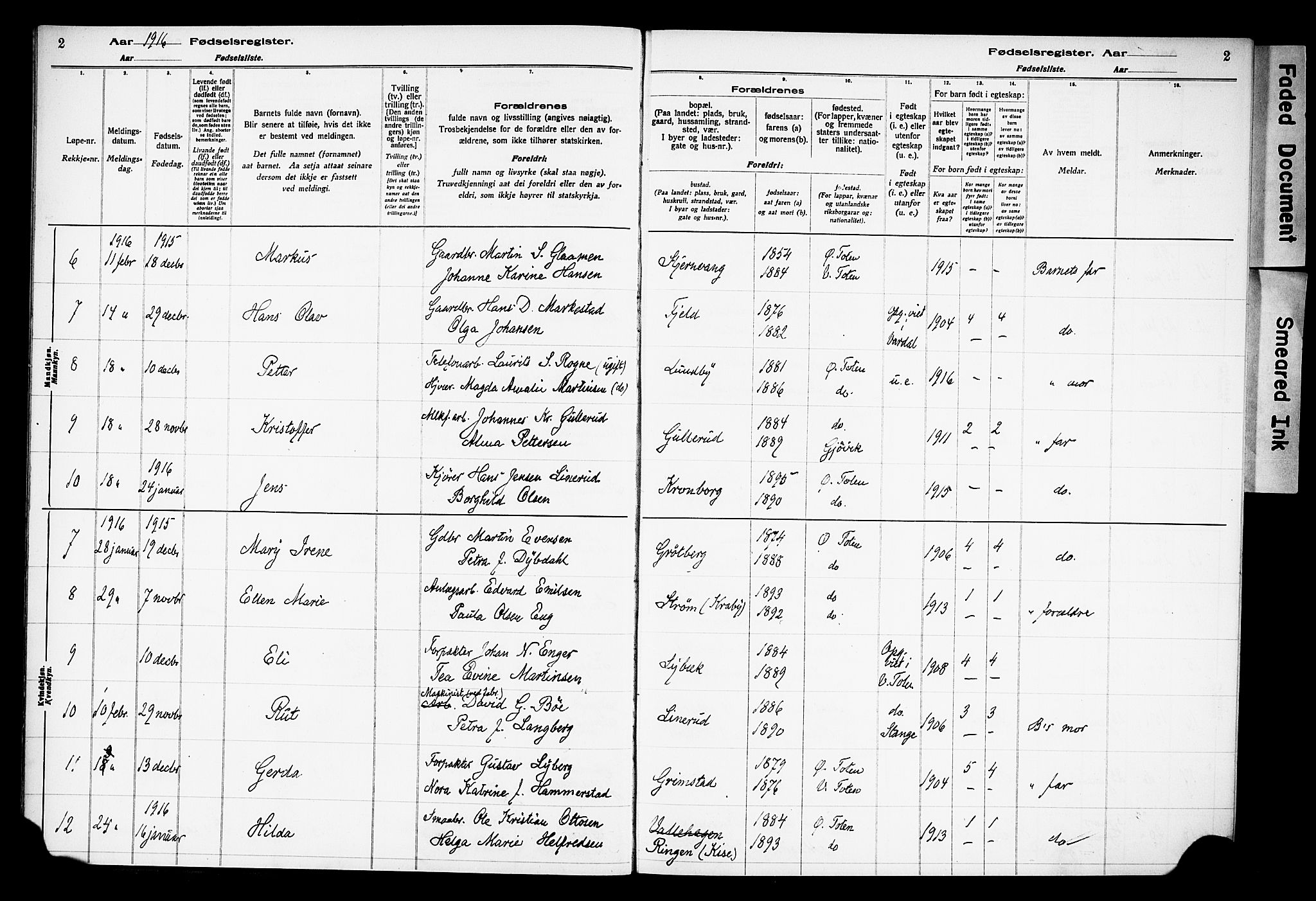 Østre Toten prestekontor, SAH/PREST-104/I/Id/L0001/0001: Birth register no. 1.1, 1916-1928, p. 2