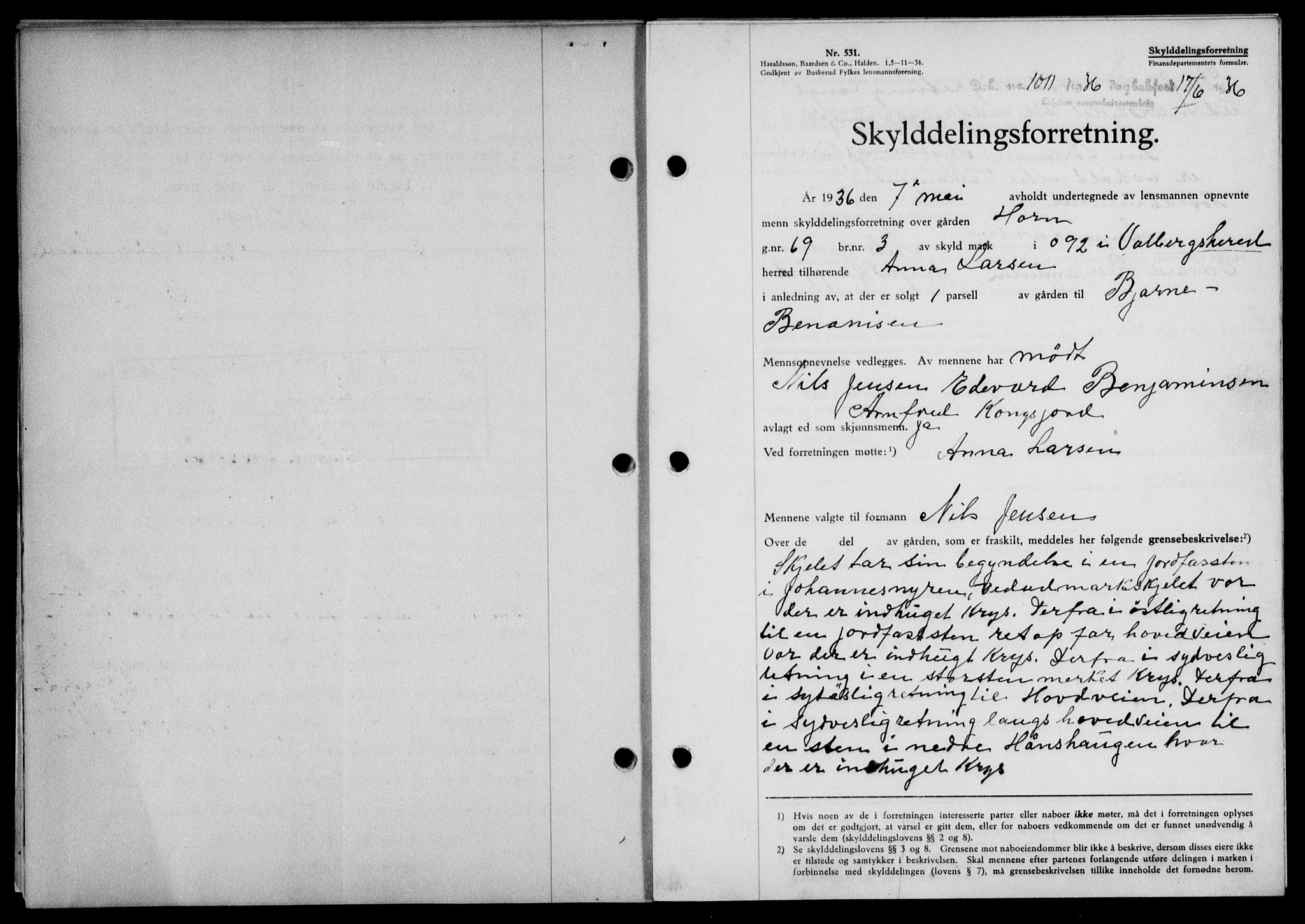 Lofoten sorenskriveri, SAT/A-0017/1/2/2C/L0033b: Mortgage book no. 33b, 1936-1936, Diary no: : 1011/1936