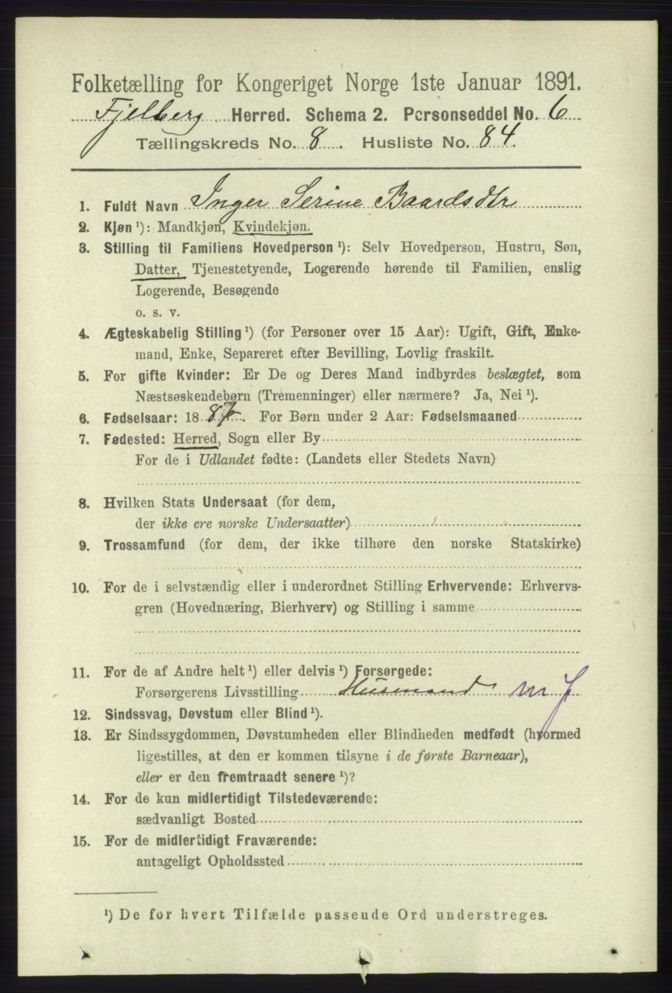 RA, 1891 census for 1213 Fjelberg, 1891, p. 3345