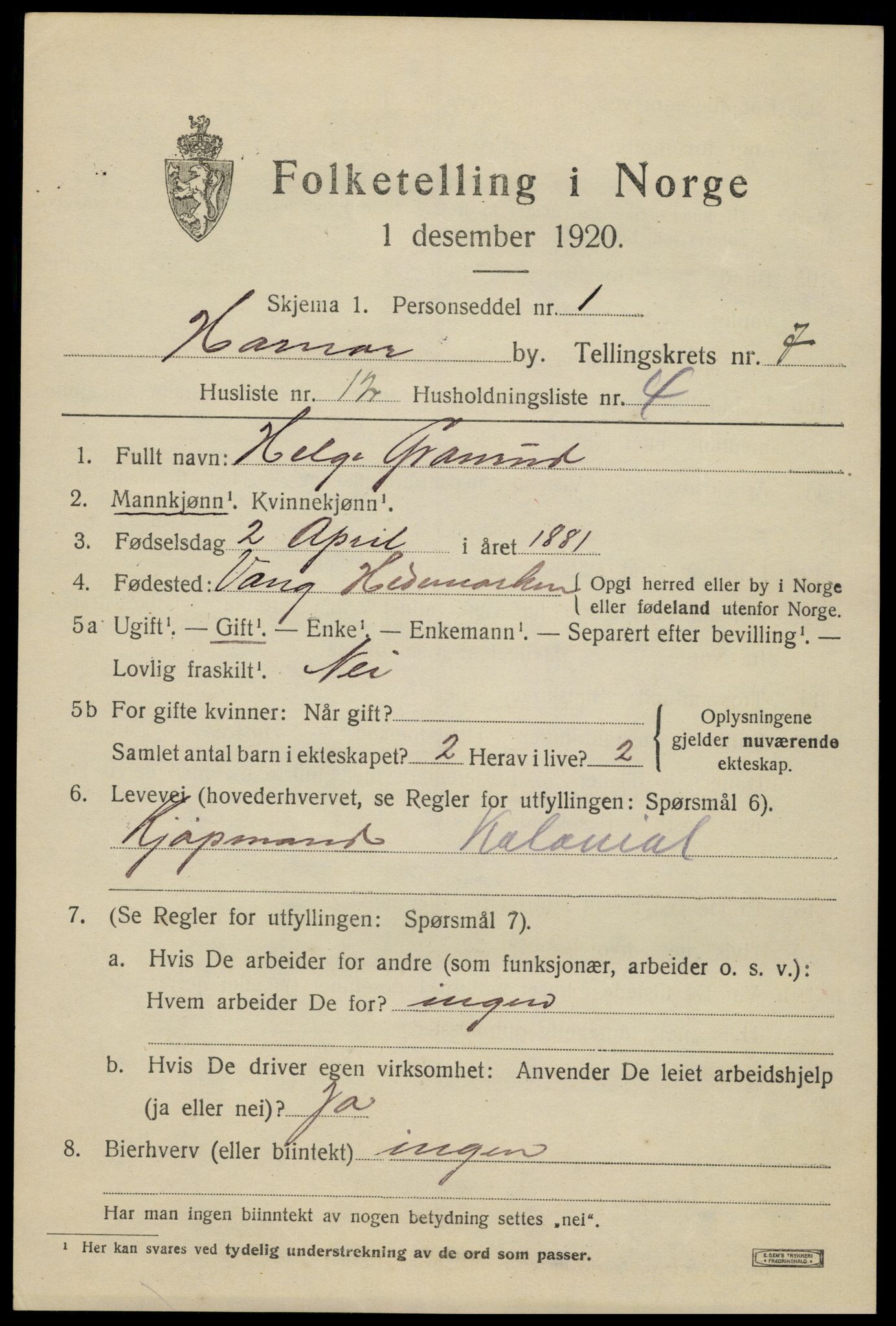 SAH, 1920 census for Hamar, 1920, p. 13025