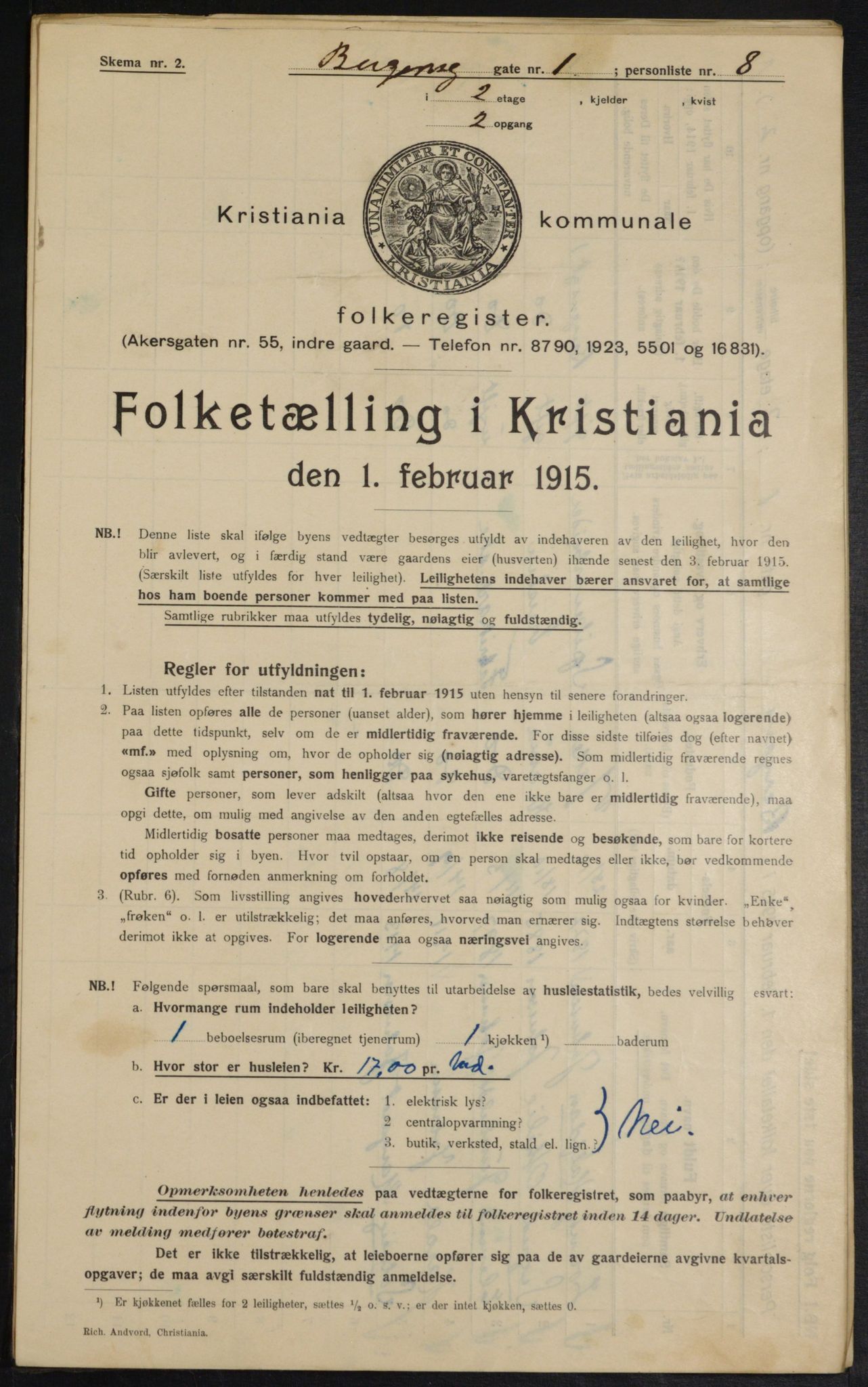 OBA, Municipal Census 1915 for Kristiania, 1915, p. 3765