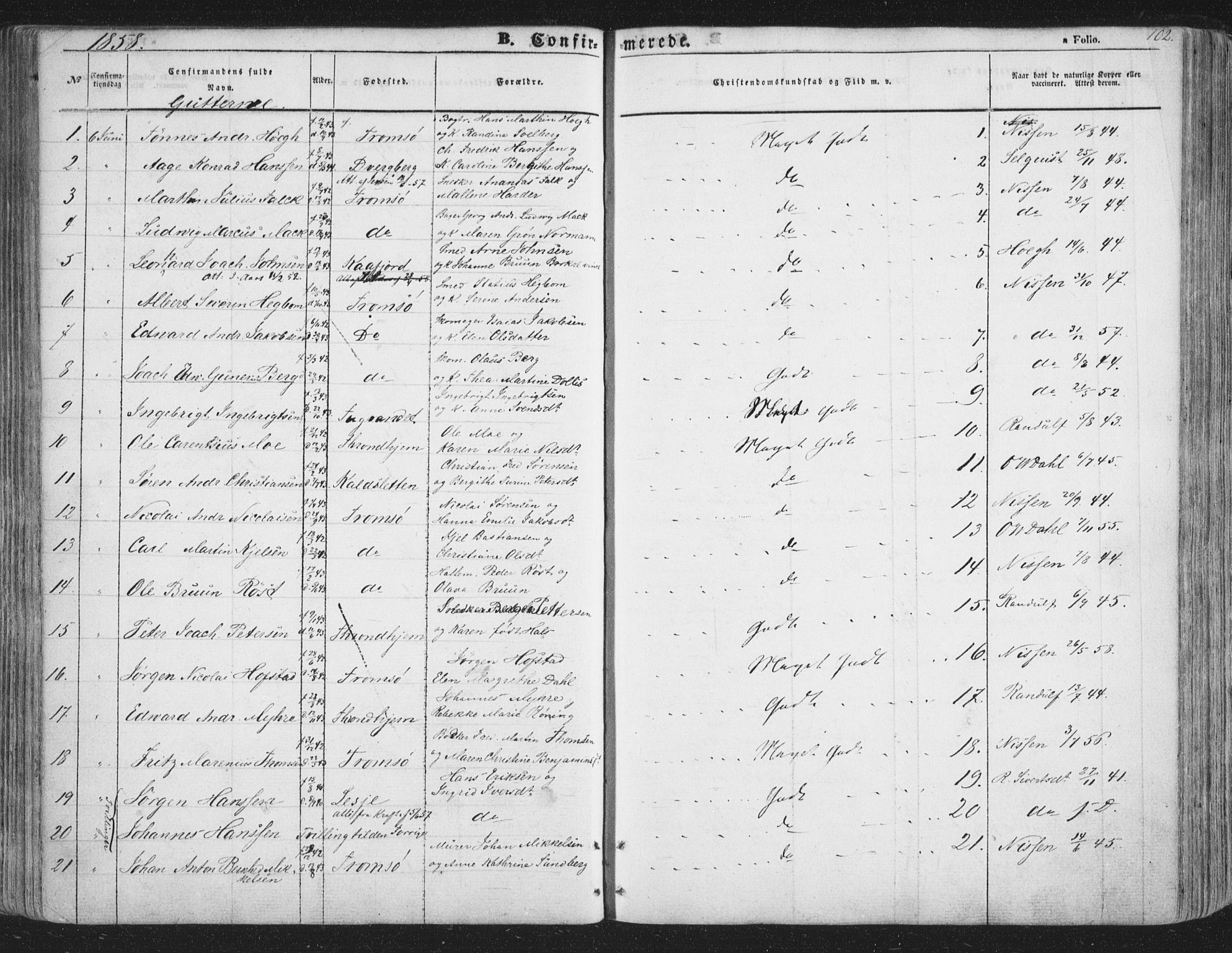 Tromsø sokneprestkontor/stiftsprosti/domprosti, SATØ/S-1343/G/Ga/L0011kirke: Parish register (official) no. 11, 1856-1865, p. 102