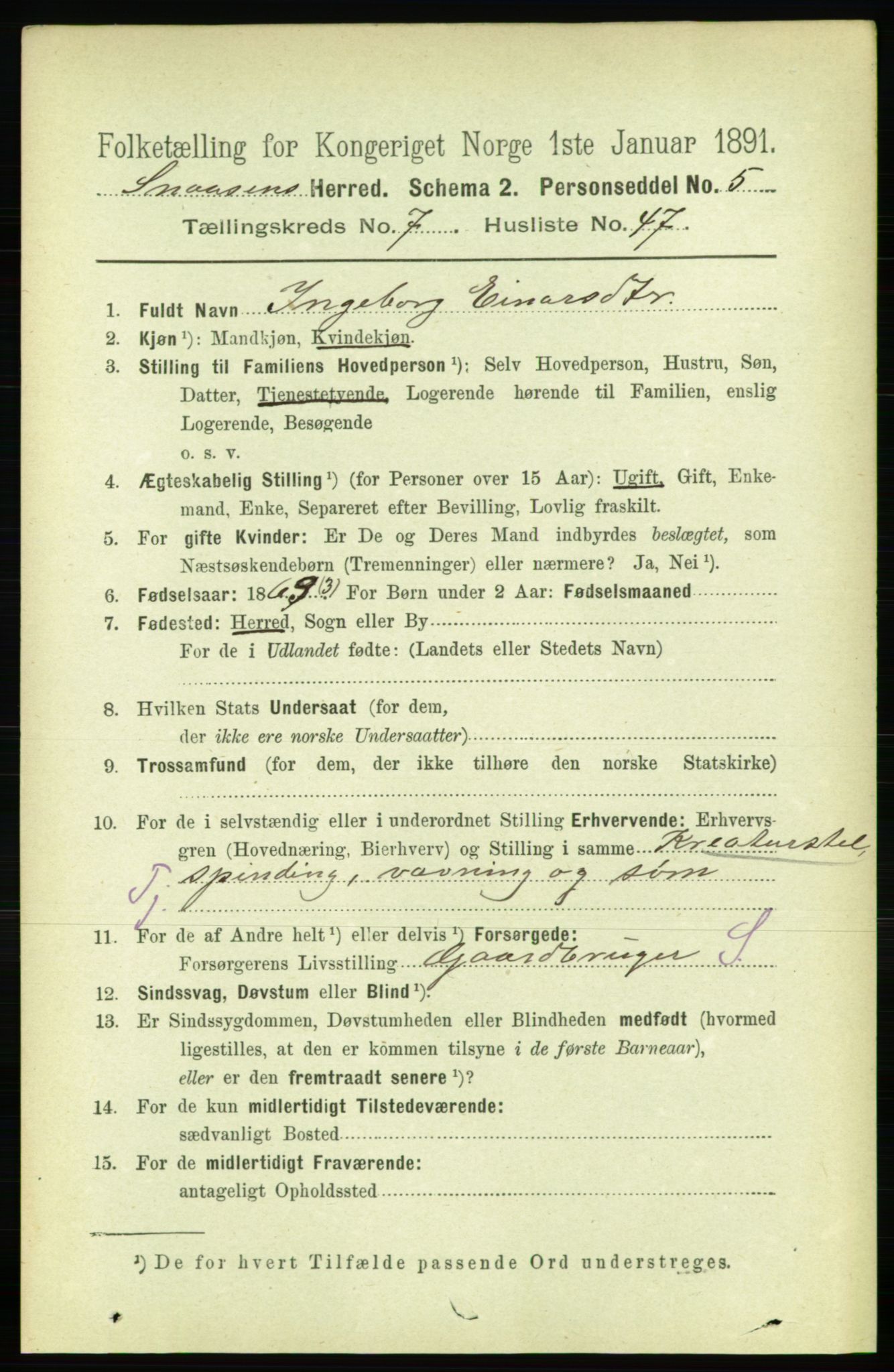 RA, 1891 census for 1736 Snåsa, 1891, p. 2527