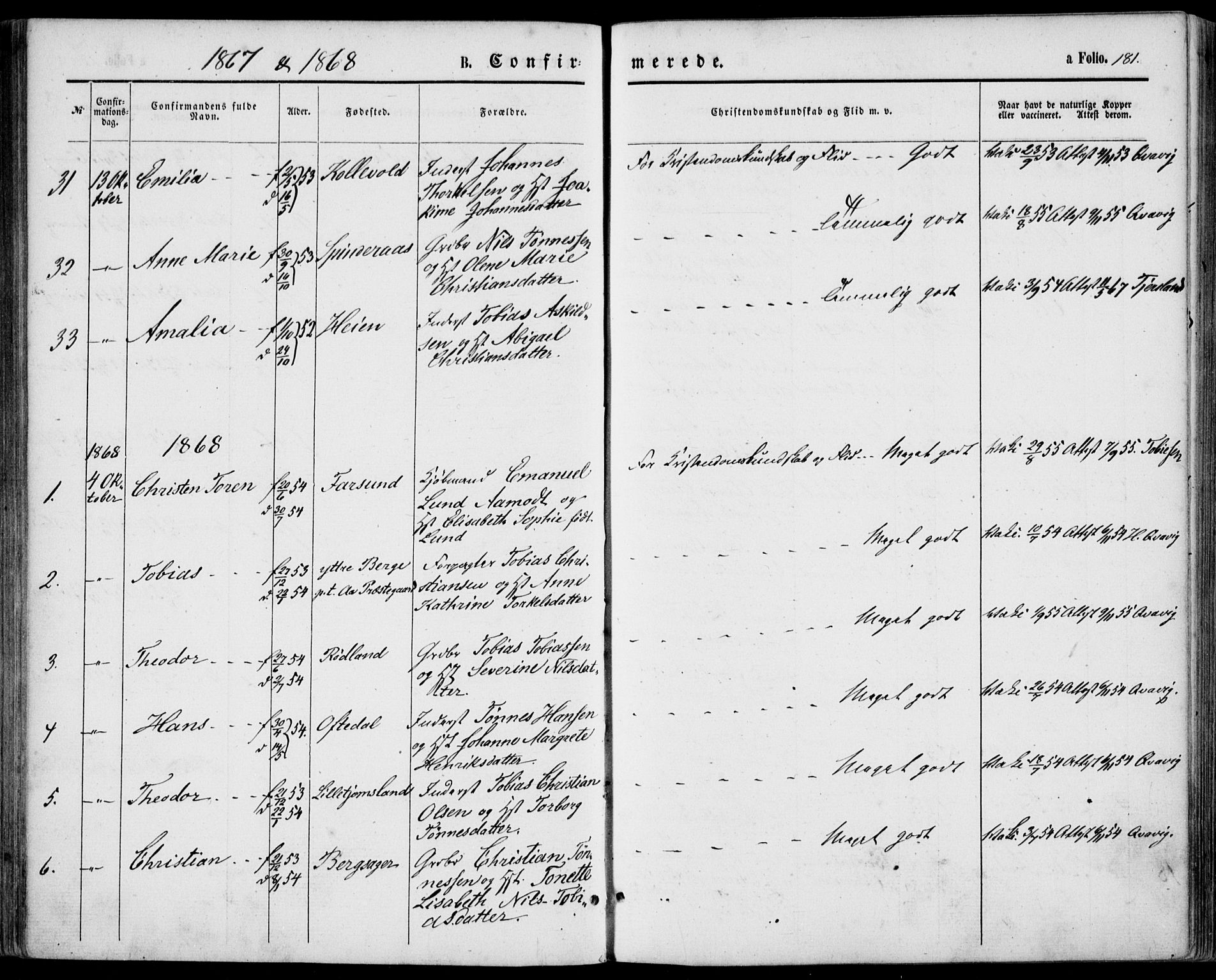 Lyngdal sokneprestkontor, SAK/1111-0029/F/Fa/Fac/L0010: Parish register (official) no. A 10, 1865-1878, p. 181