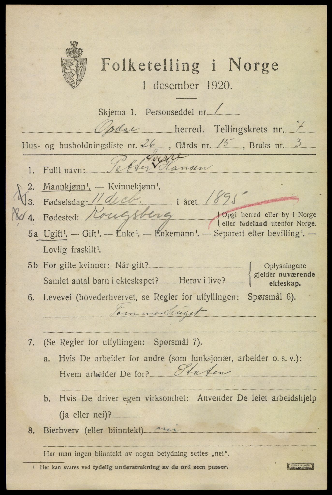 SAKO, 1920 census for Uvdal, 1920, p. 3065