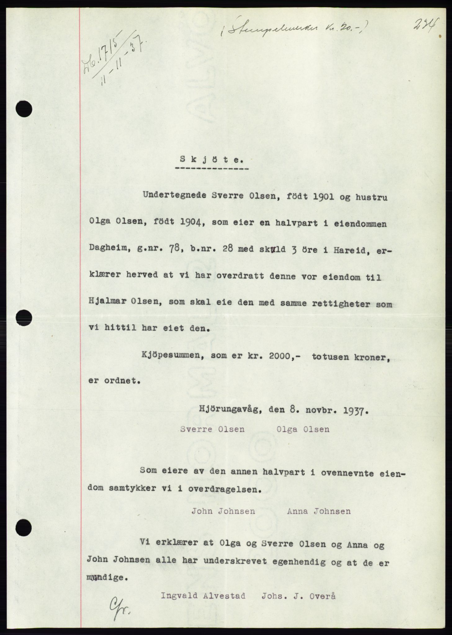 Søre Sunnmøre sorenskriveri, AV/SAT-A-4122/1/2/2C/L0064: Mortgage book no. 58, 1937-1938, Diary no: : 1715/1937