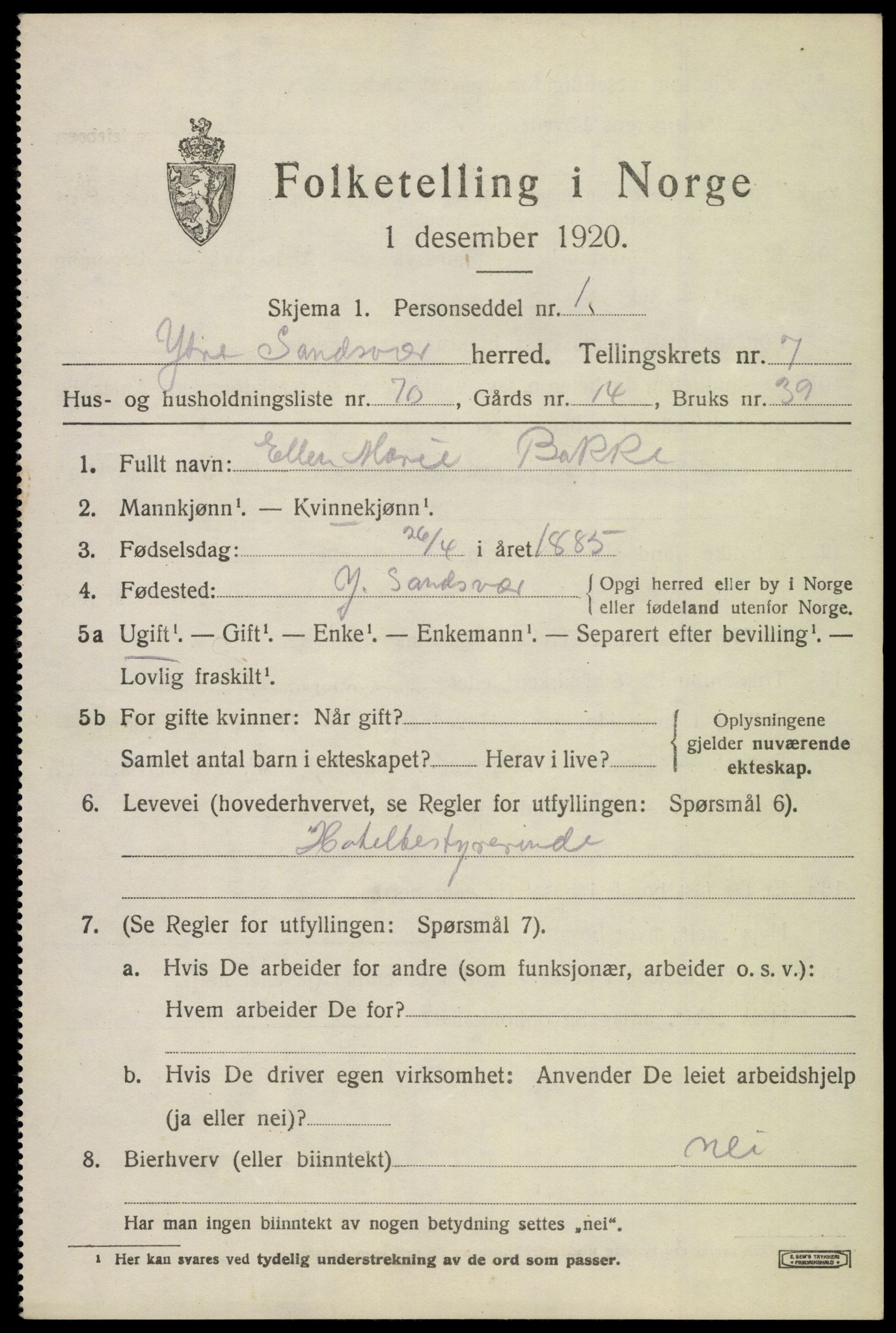 SAKO, 1920 census for Ytre Sandsvær, 1920, p. 6882