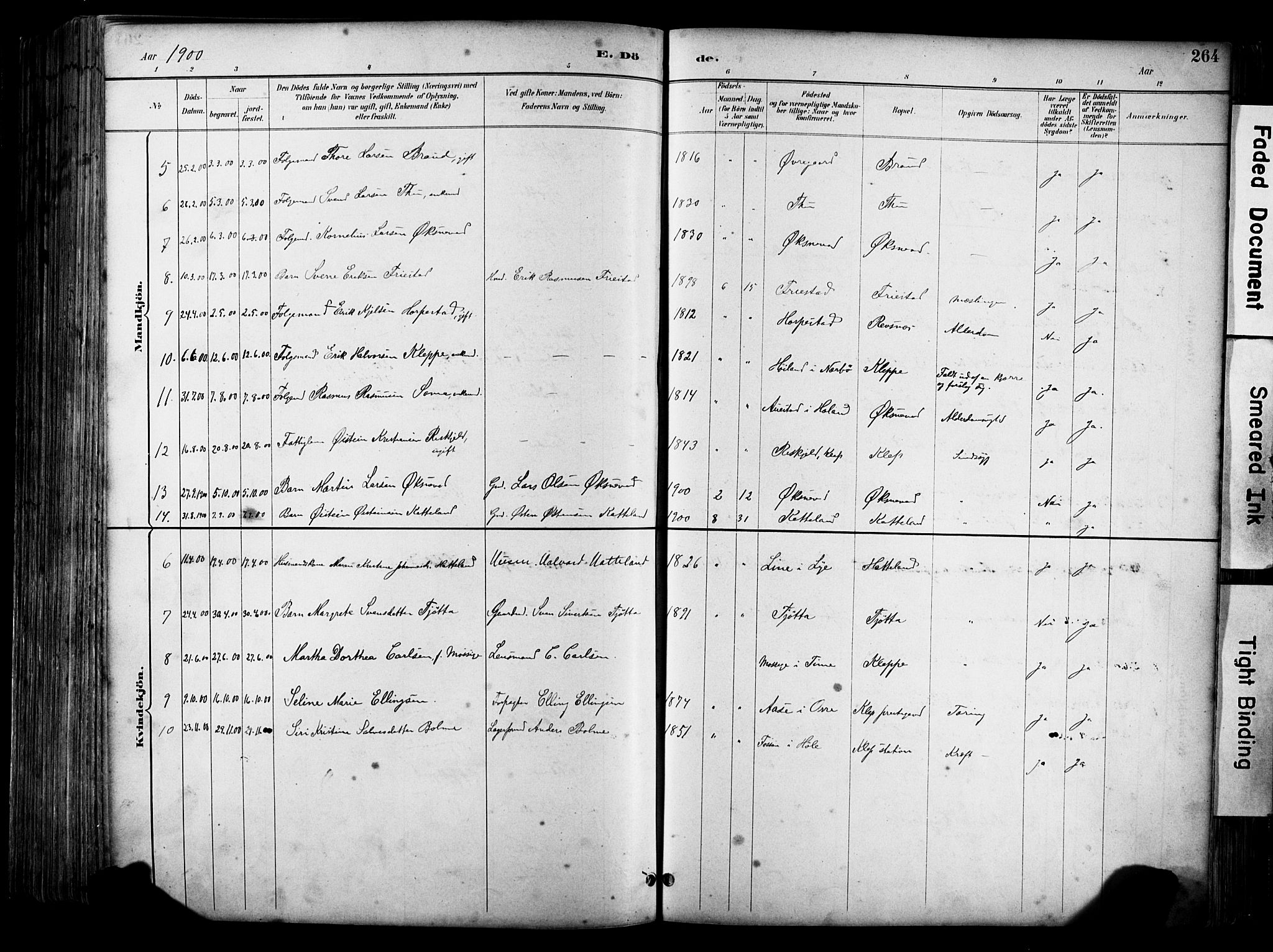 Klepp sokneprestkontor, SAST/A-101803/001/3/30BA/L0009: Parish register (official) no. A 7, 1886-1915, p. 264