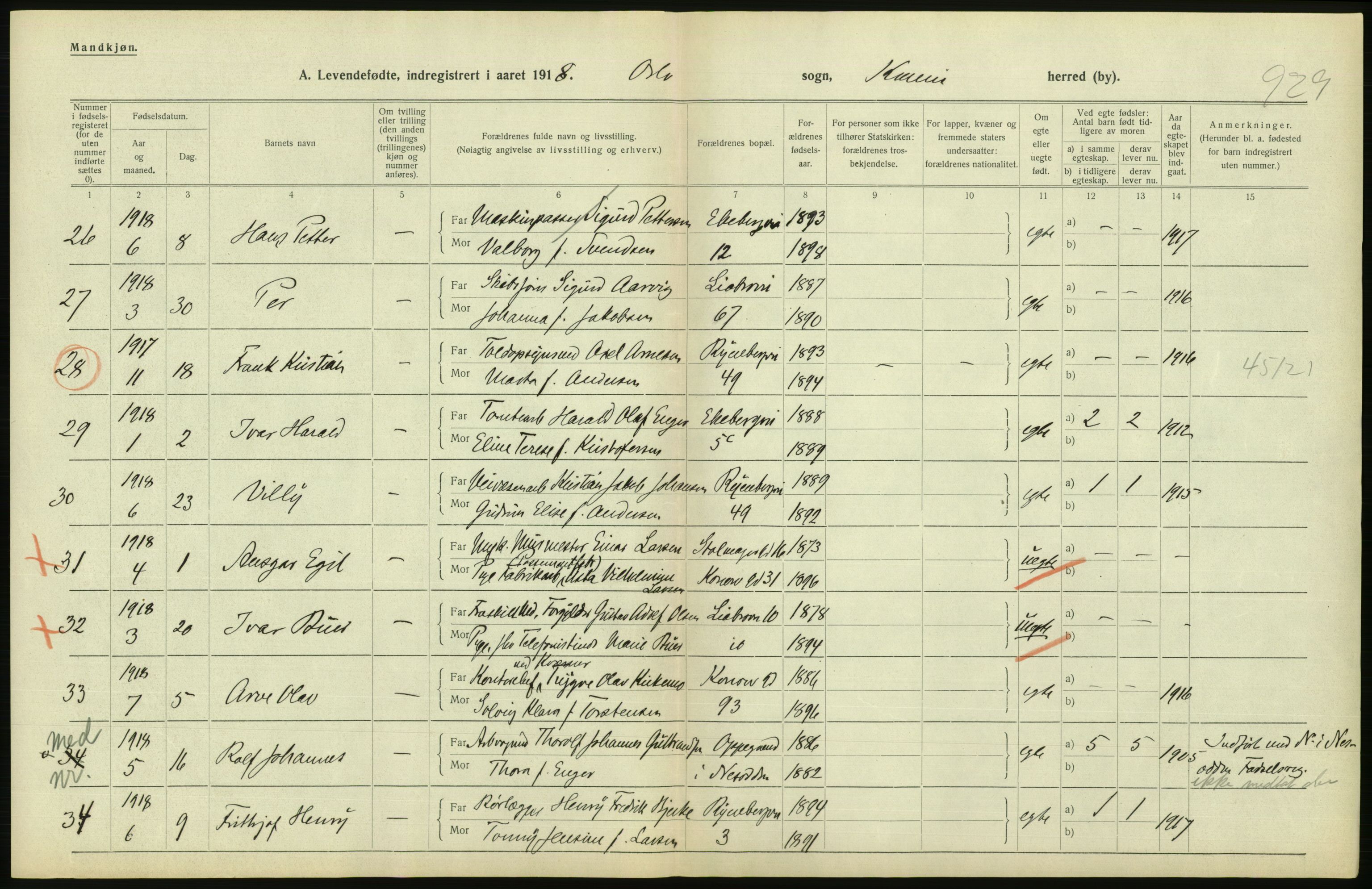 Statistisk sentralbyrå, Sosiodemografiske emner, Befolkning, AV/RA-S-2228/D/Df/Dfb/Dfbh/L0008: Kristiania: Levendefødte menn og kvinner., 1918, p. 728