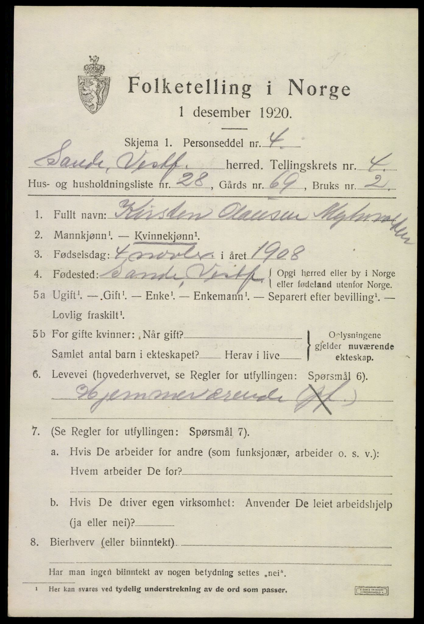 SAKO, 1920 census for Sande, 1920, p. 5884