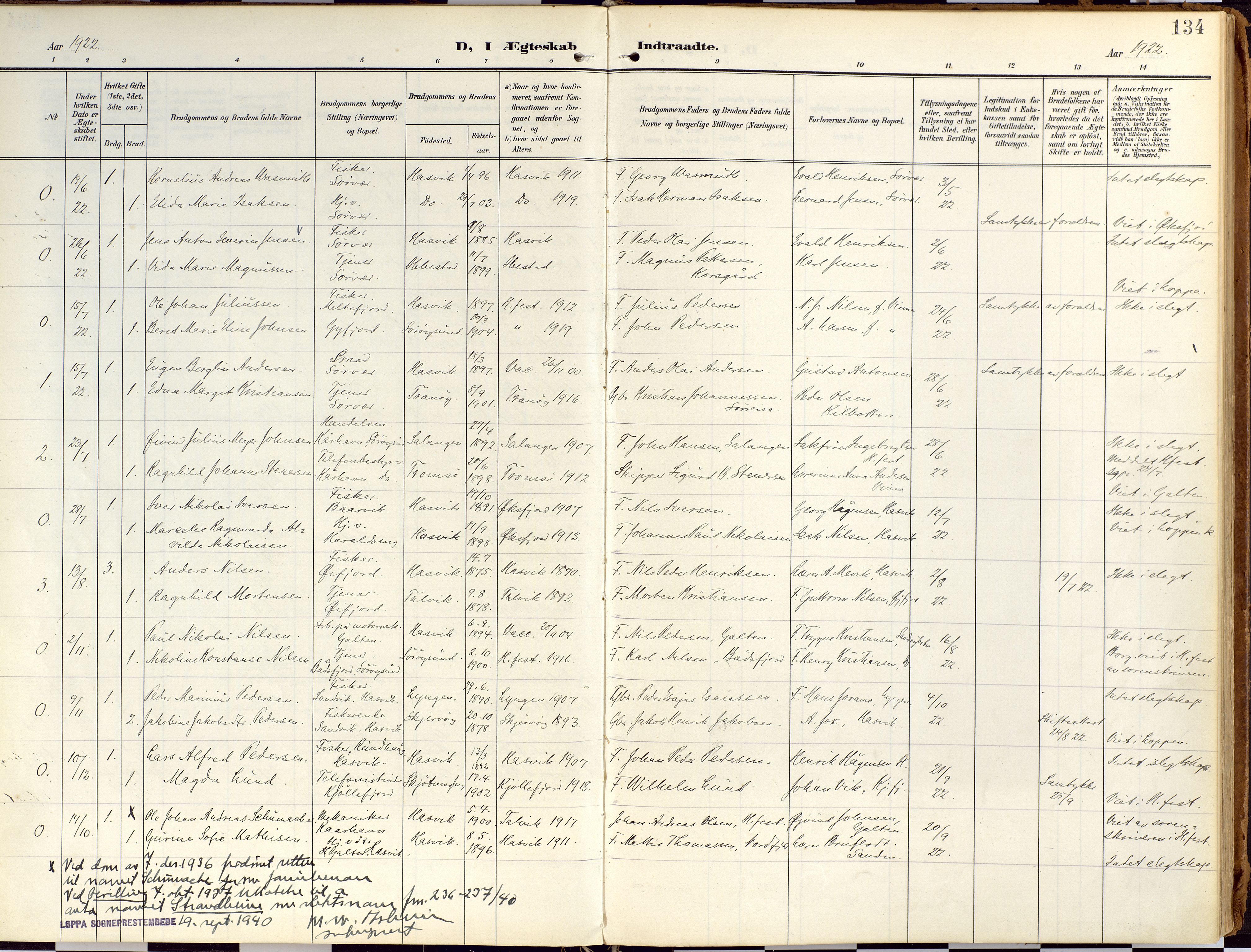 Loppa sokneprestkontor, SATØ/S-1339/H/Ha/L0010kirke: Parish register (official) no. 10, 1907-1922, p. 134