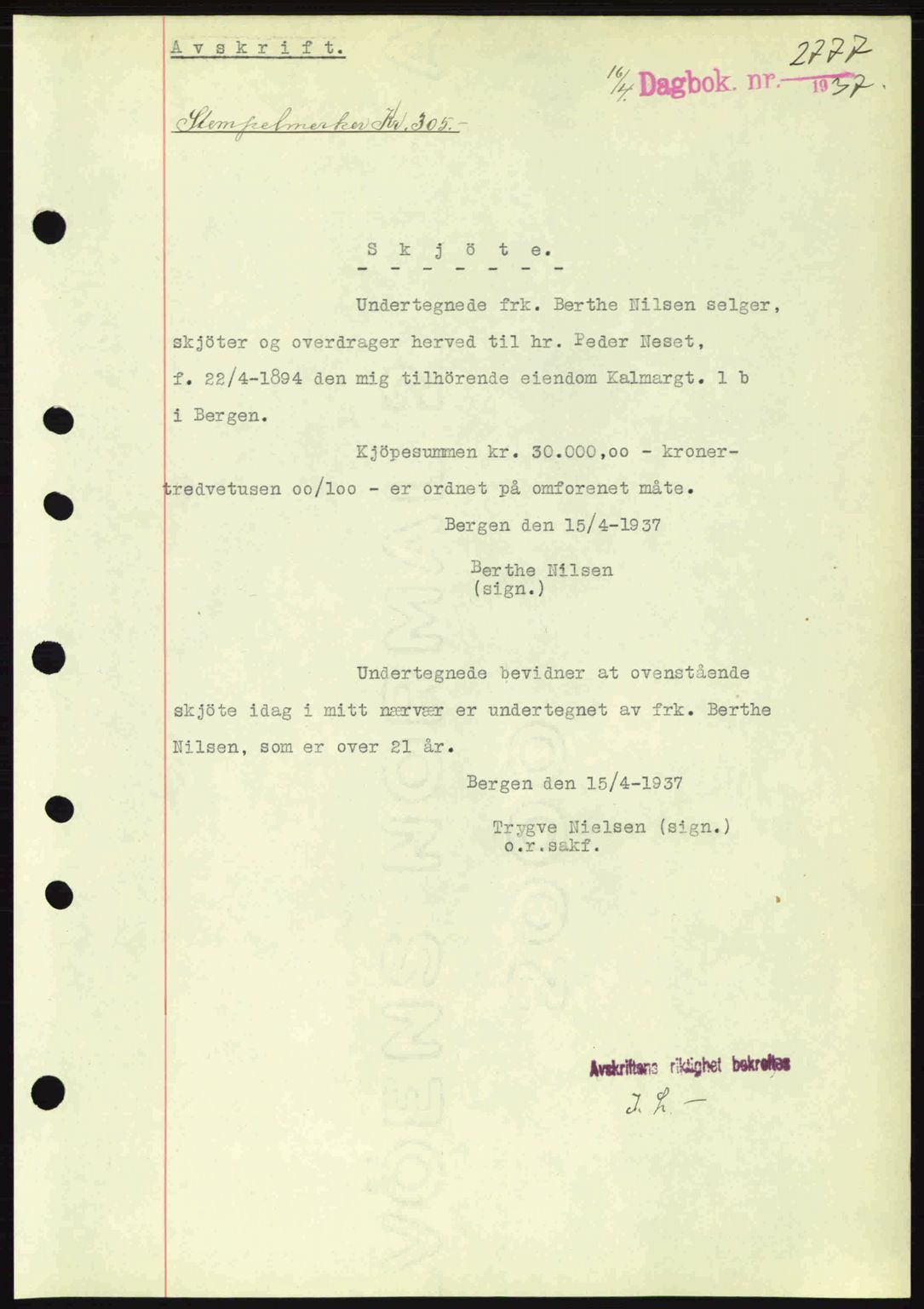 Byfogd og Byskriver i Bergen, SAB/A-3401/03/03Bc/L0004: Mortgage book no. A3-4, 1936-1937, Diary no: : 2777/1937