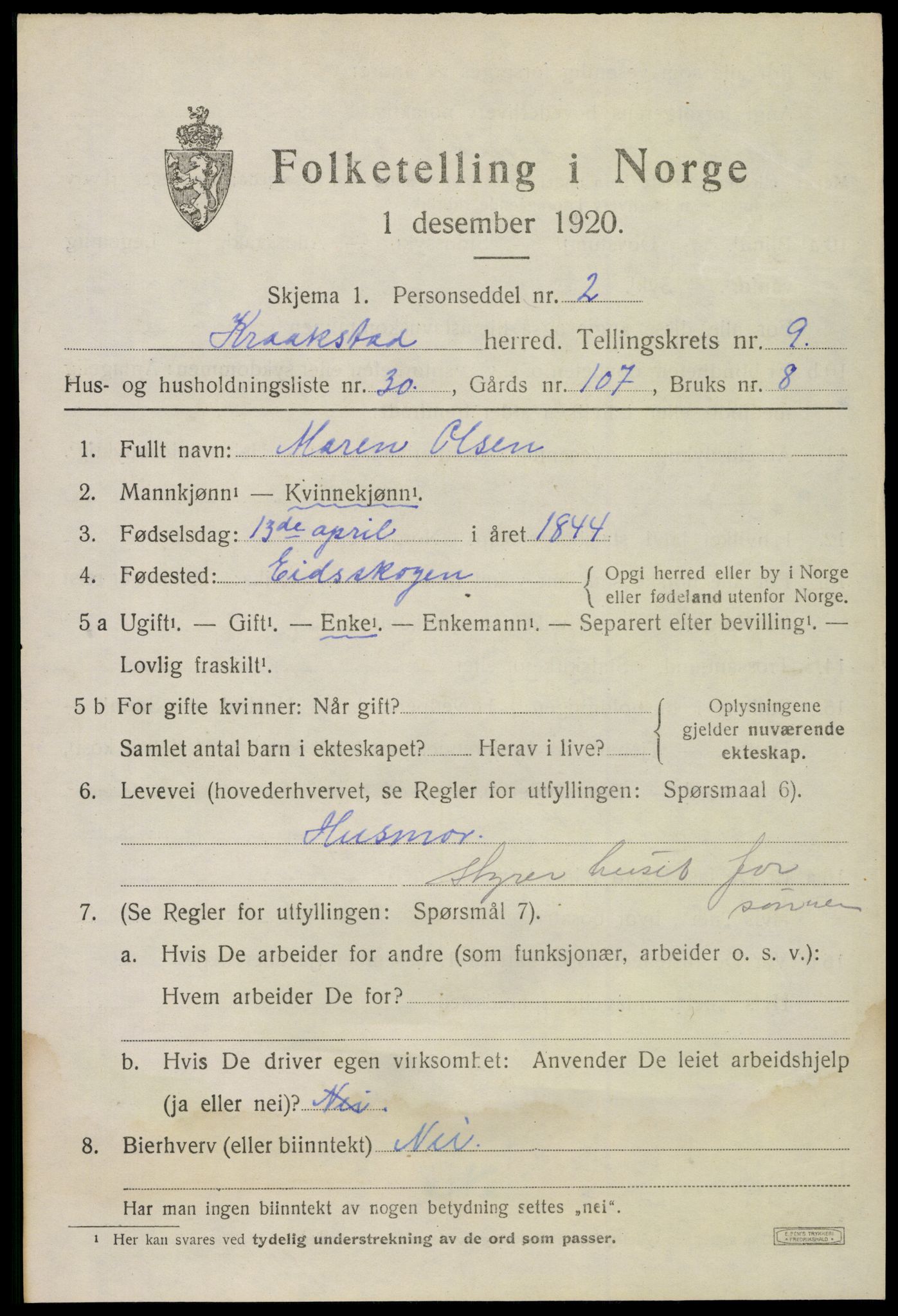 SAO, 1920 census for Kråkstad, 1920, p. 9967