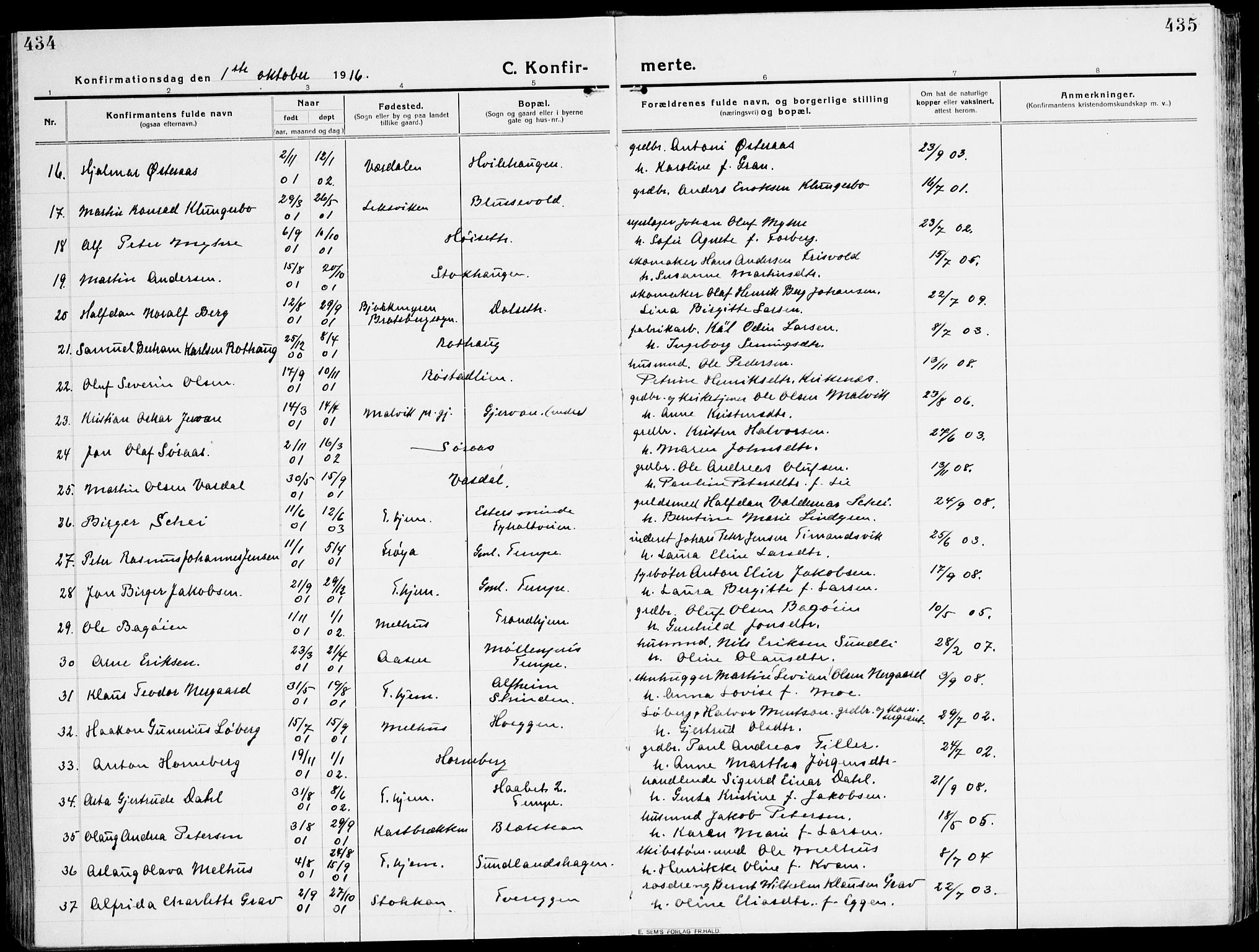 Ministerialprotokoller, klokkerbøker og fødselsregistre - Sør-Trøndelag, AV/SAT-A-1456/607/L0321: Parish register (official) no. 607A05, 1916-1935, p. 434-435