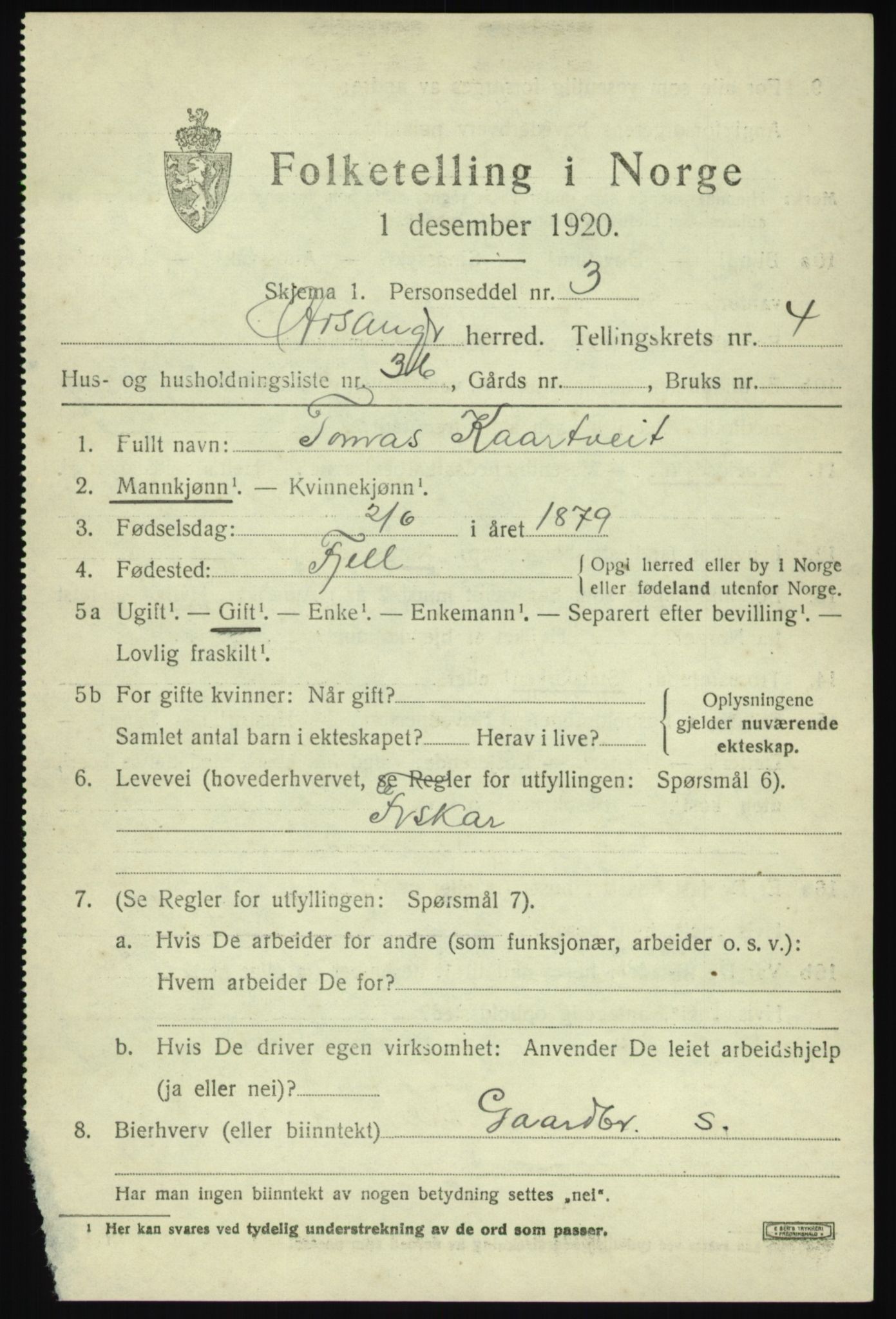 SAB, 1920 census for Hosanger, 1920, p. 2311