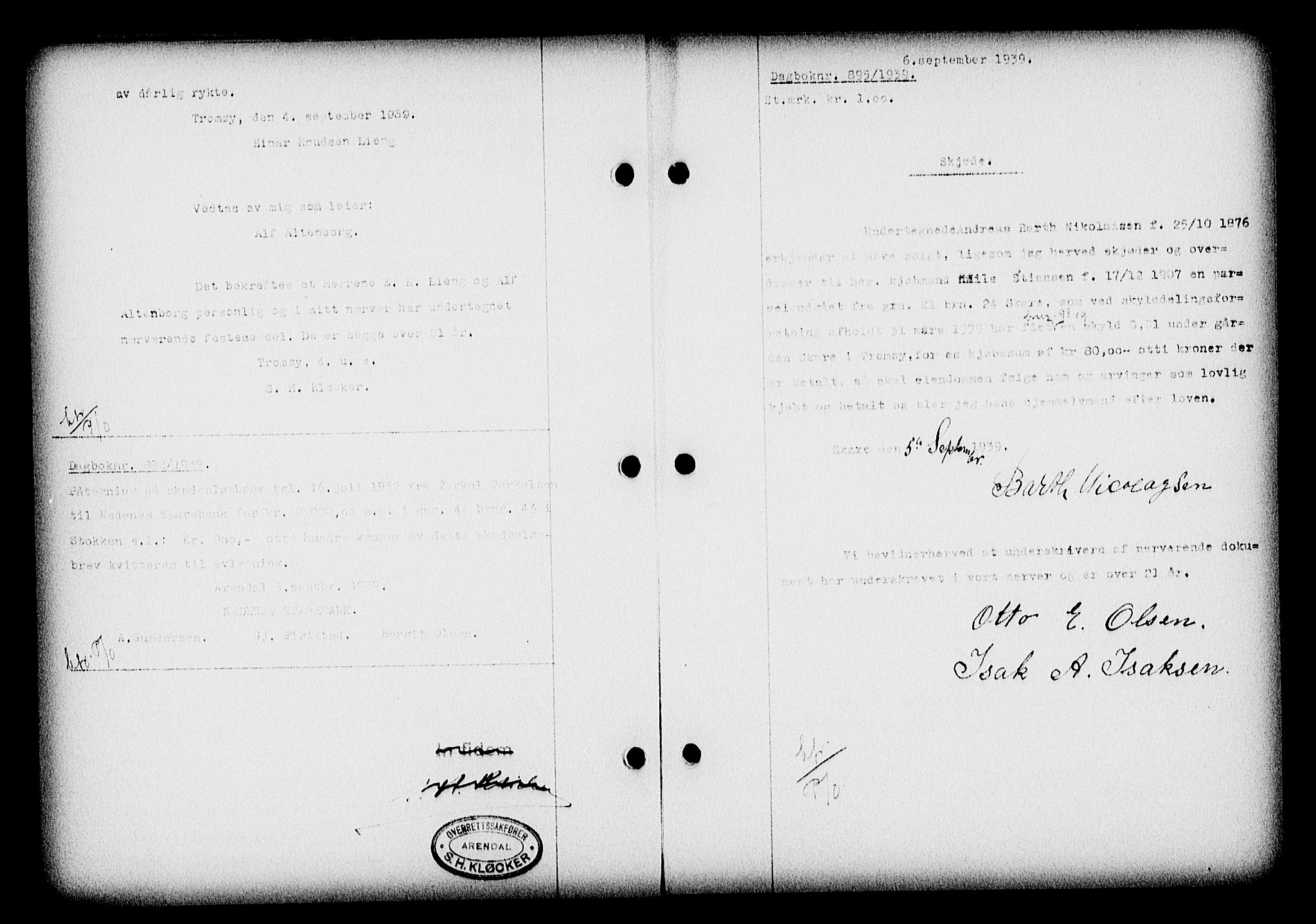 Nedenes sorenskriveri, SAK/1221-0006/G/Gb/Gba/L0047: Mortgage book no. A-I, 1939-1940, Diary no: : 894/1939