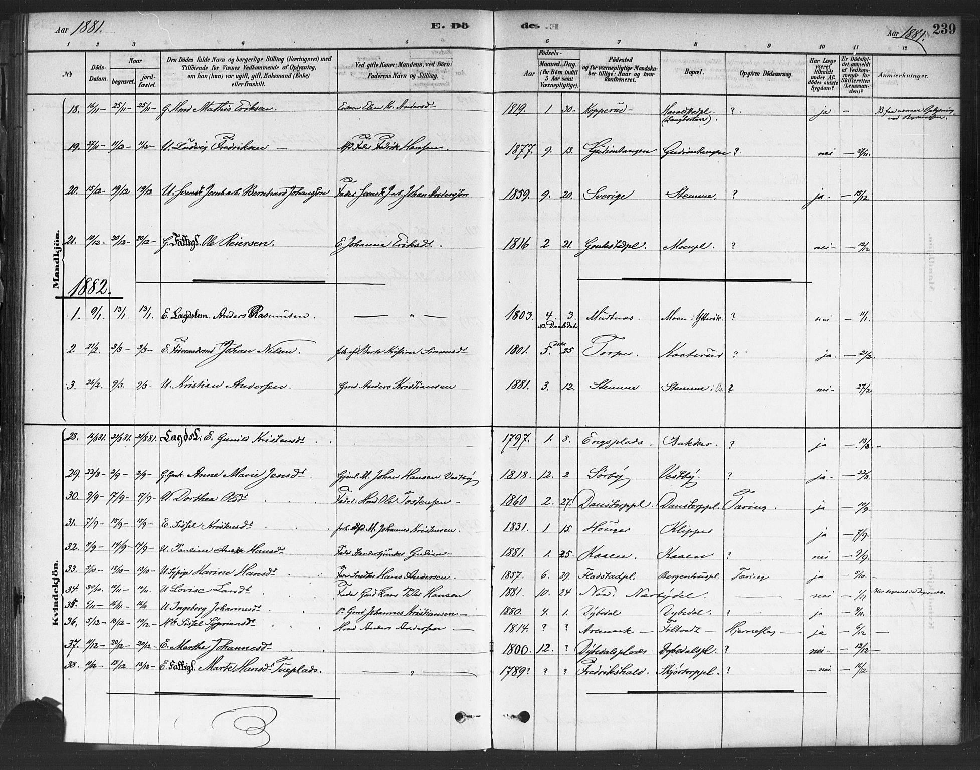 Rakkestad prestekontor Kirkebøker, SAO/A-2008/F/Fa/L0012: Parish register (official) no. I 12, 1878-1893, p. 239