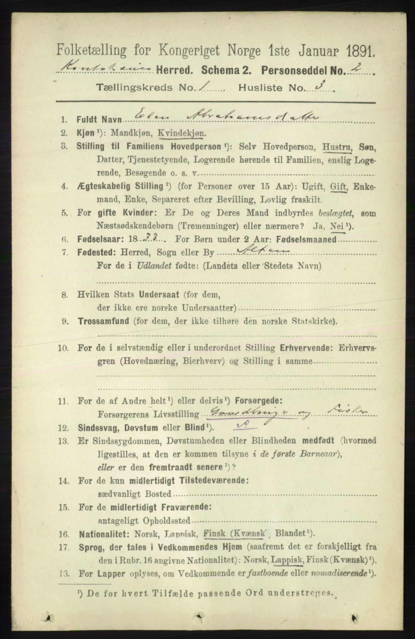 RA, 1891 census for 2011 Kautokeino, 1891, p. 65
