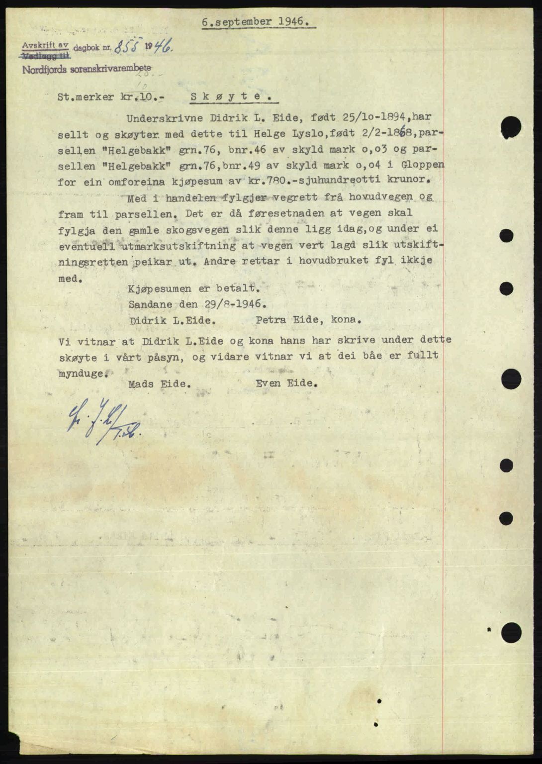 Nordfjord sorenskriveri, AV/SAB-A-2801/02/02b/02bj/L0011: Mortgage book no. A11, 1946-1947, Diary no: : 855/1946