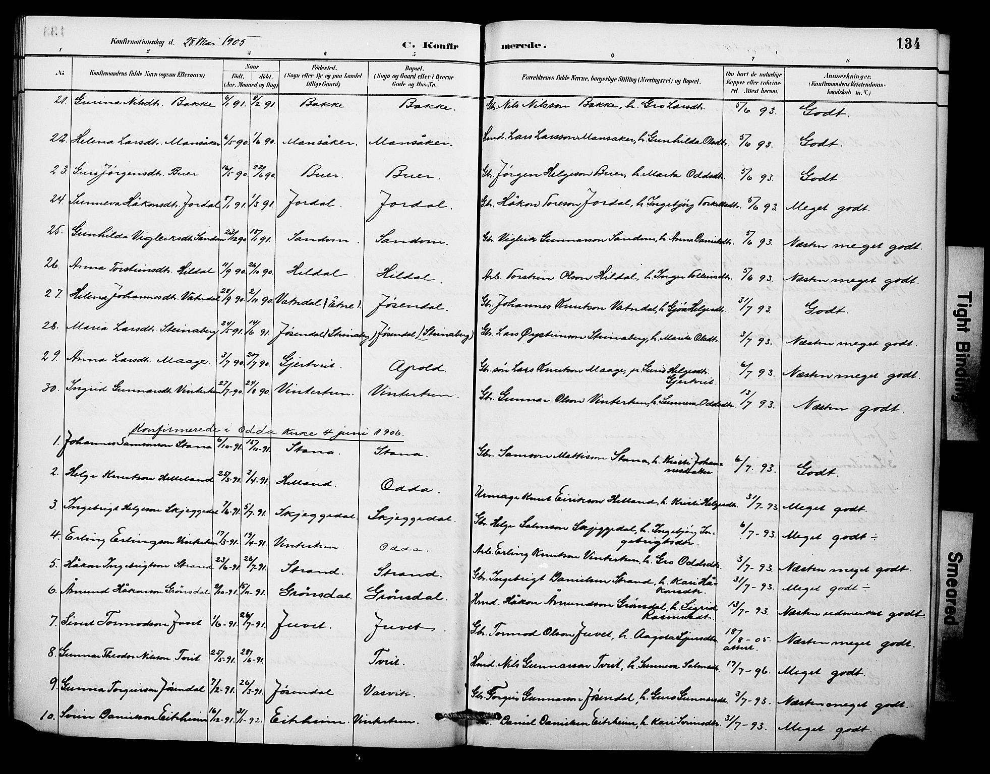 Odda Sokneprestembete, SAB/A-77201/H/Hab: Parish register (copy) no. A 7, 1887-1912, p. 134