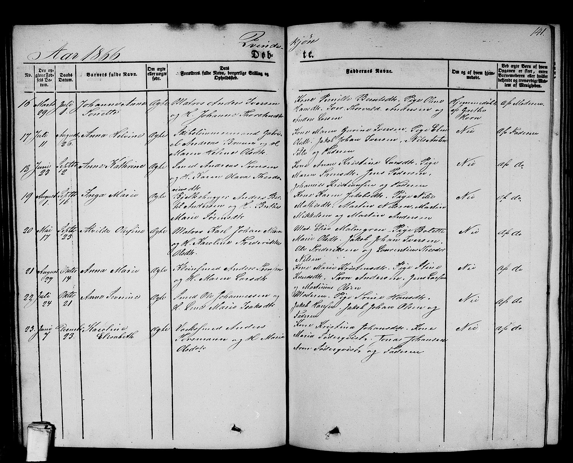 Larvik kirkebøker, AV/SAKO-A-352/G/Gb/L0002: Parish register (copy) no. II 2, 1843-1866, p. 141