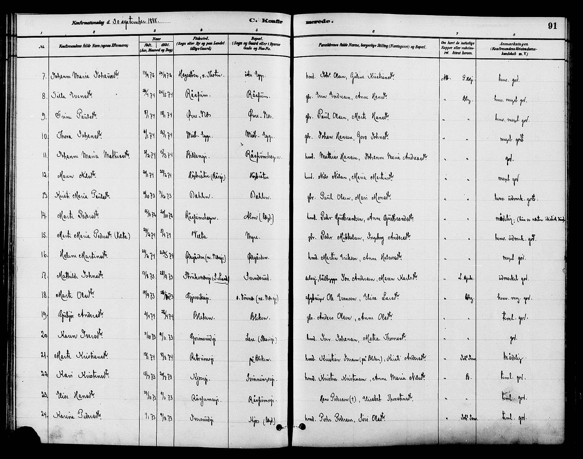 Gran prestekontor, AV/SAH-PREST-112/H/Ha/Haa/L0015: Parish register (official) no. 15, 1880-1888, p. 91