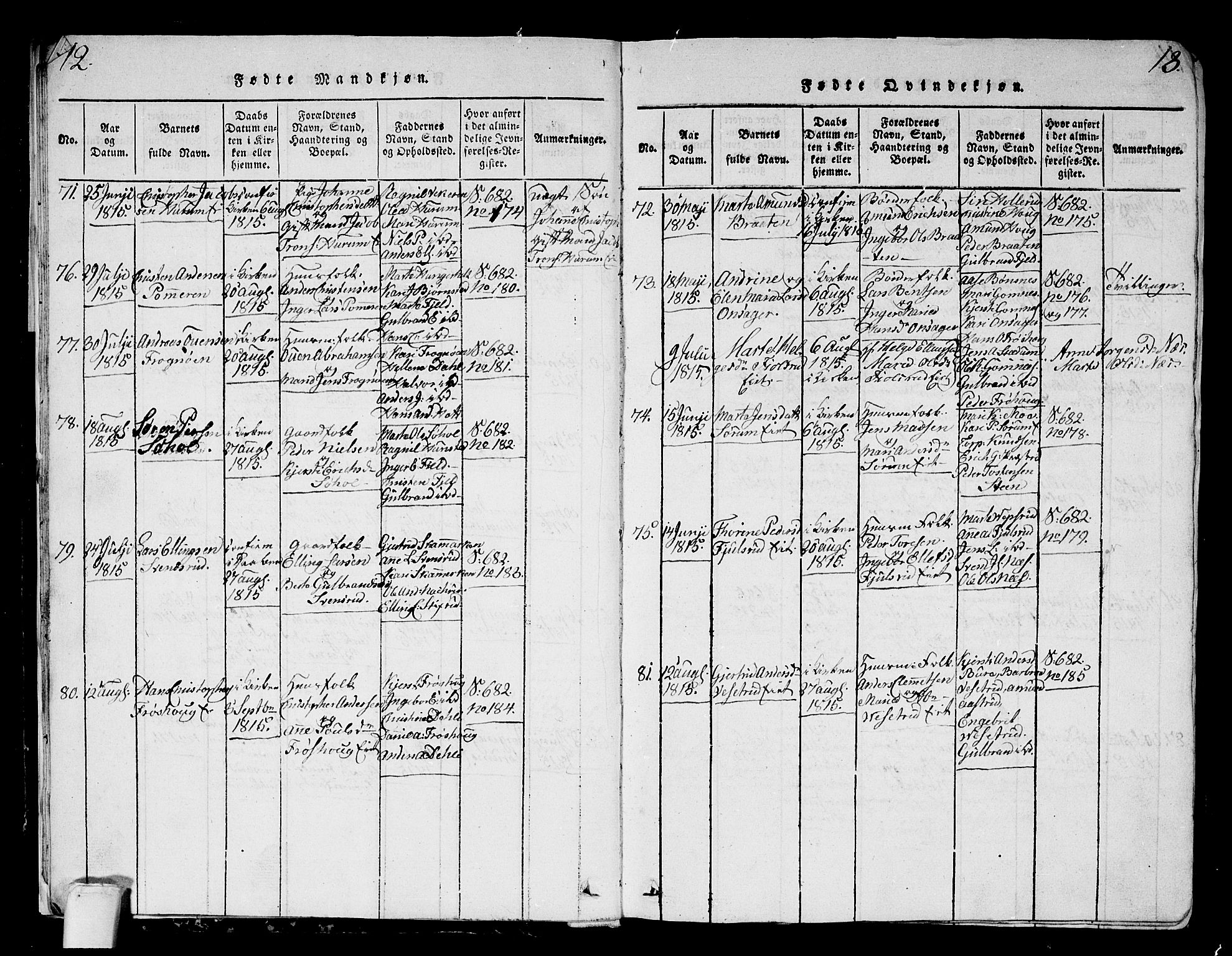 Hole kirkebøker, AV/SAKO-A-228/G/Ga/L0001: Parish register (copy) no. I 1, 1814-1842, p. 12-13