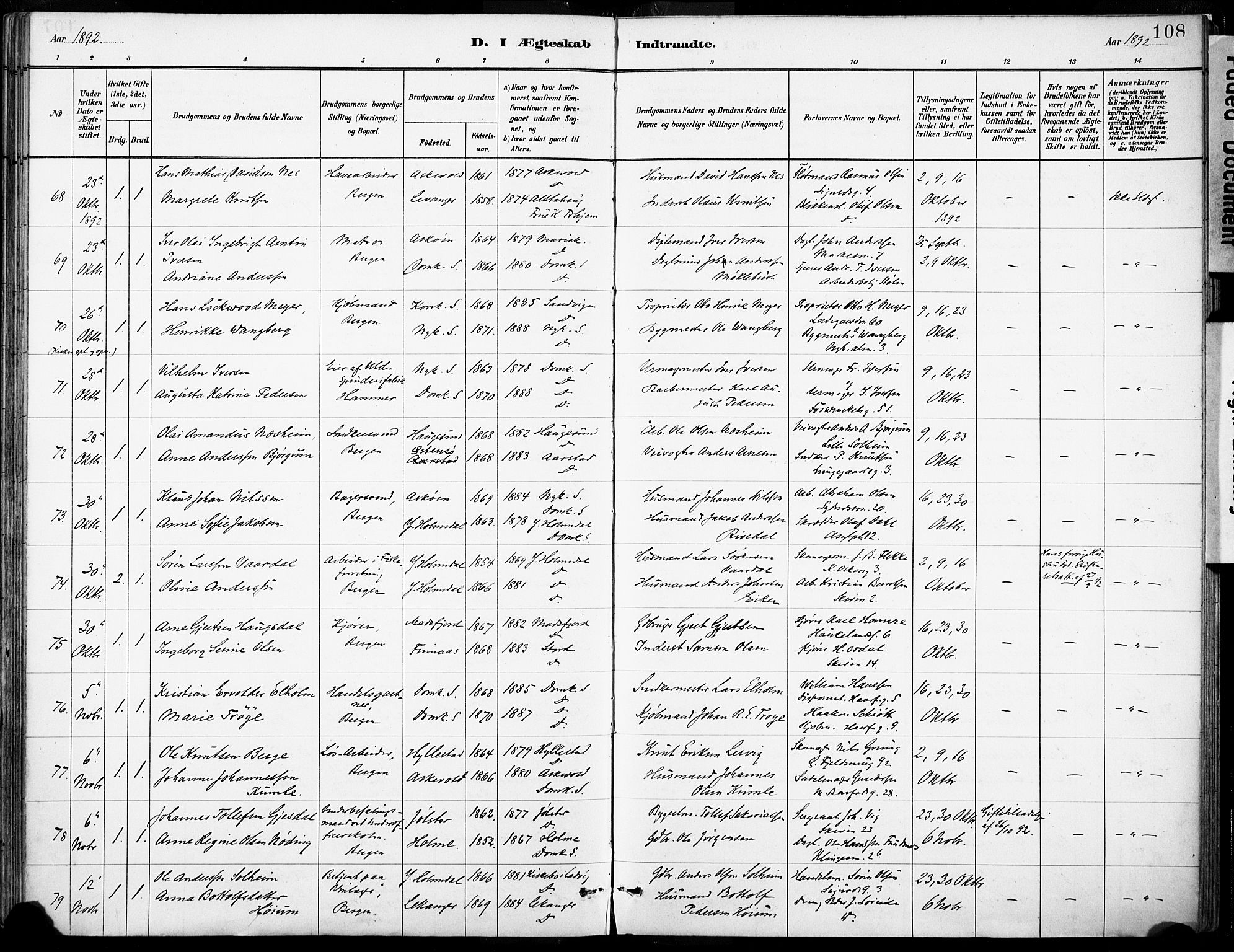 Domkirken sokneprestembete, AV/SAB-A-74801/H/Haa/L0037: Parish register (official) no. D 4, 1880-1907, p. 108