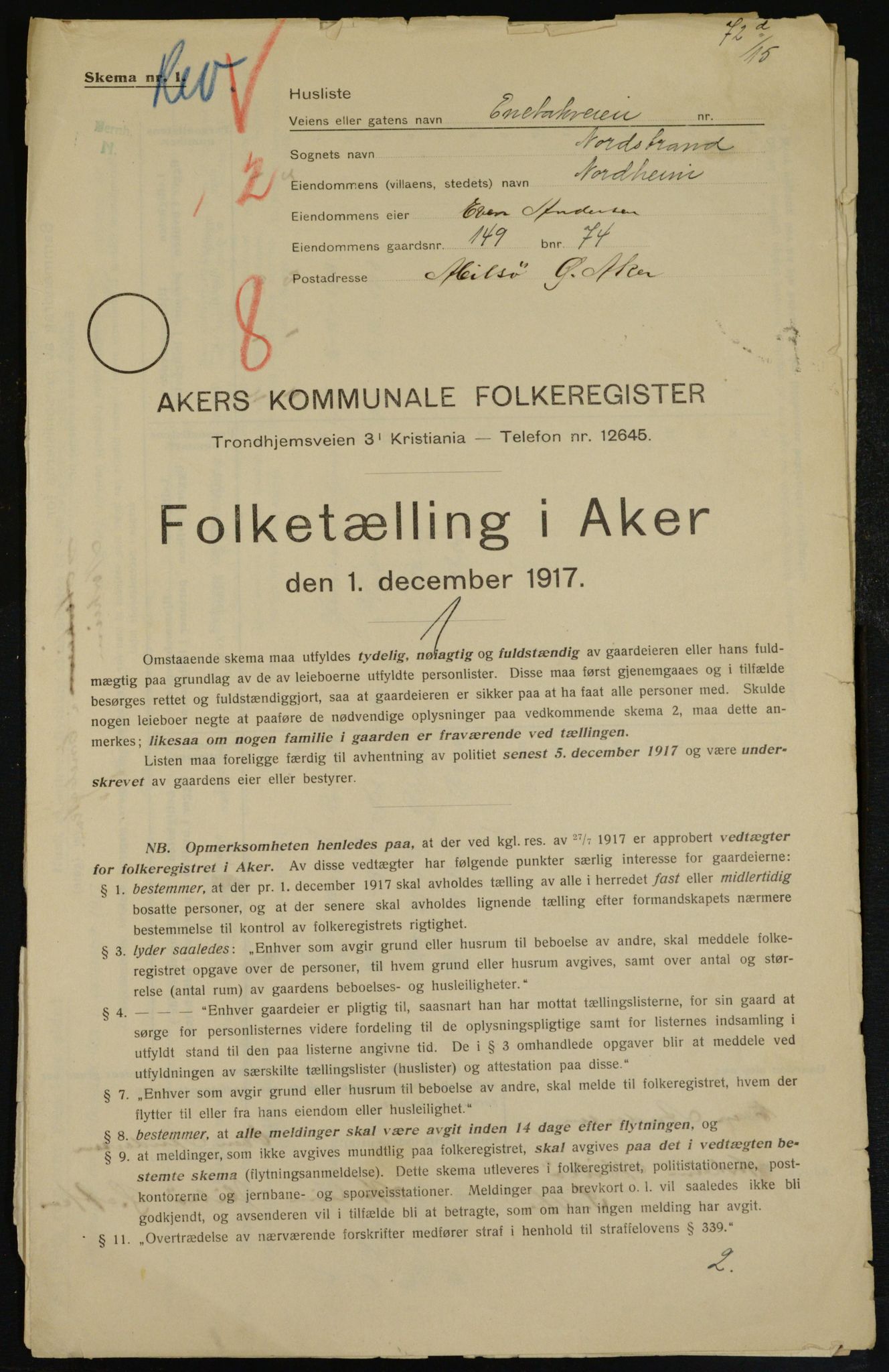 OBA, Municipal Census 1917 for Aker, 1917, p. 22938