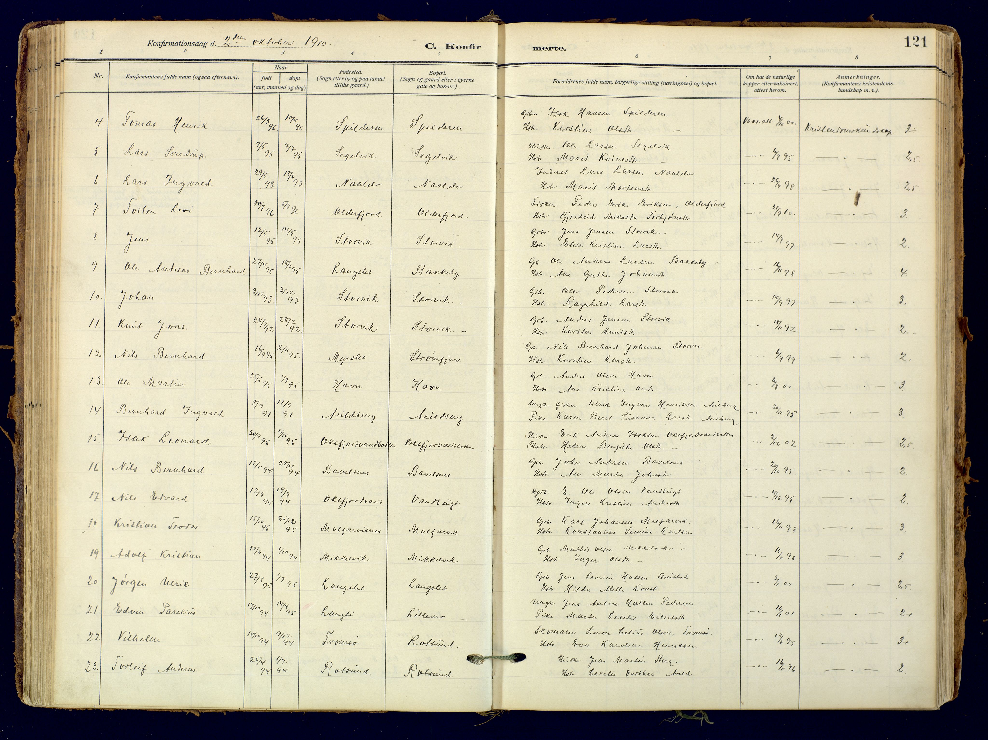 Skjervøy sokneprestkontor, AV/SATØ-S-1300/H/Ha/Haa: Parish register (official) no. 18, 1910-1926, p. 121