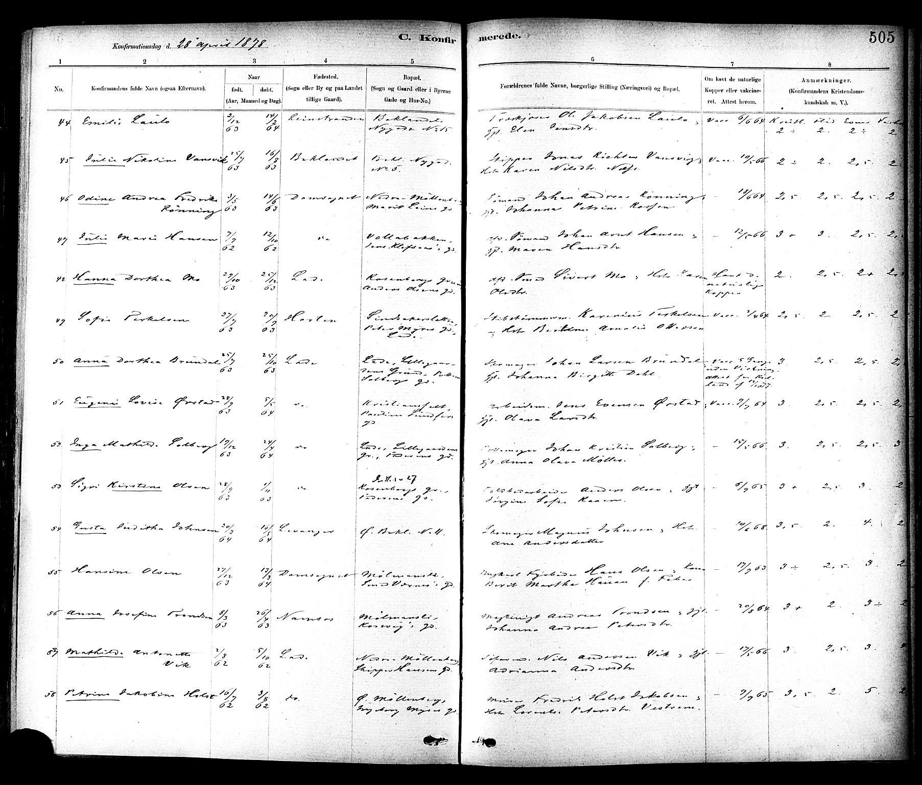 Ministerialprotokoller, klokkerbøker og fødselsregistre - Sør-Trøndelag, AV/SAT-A-1456/604/L0188: Parish register (official) no. 604A09, 1878-1892, p. 505