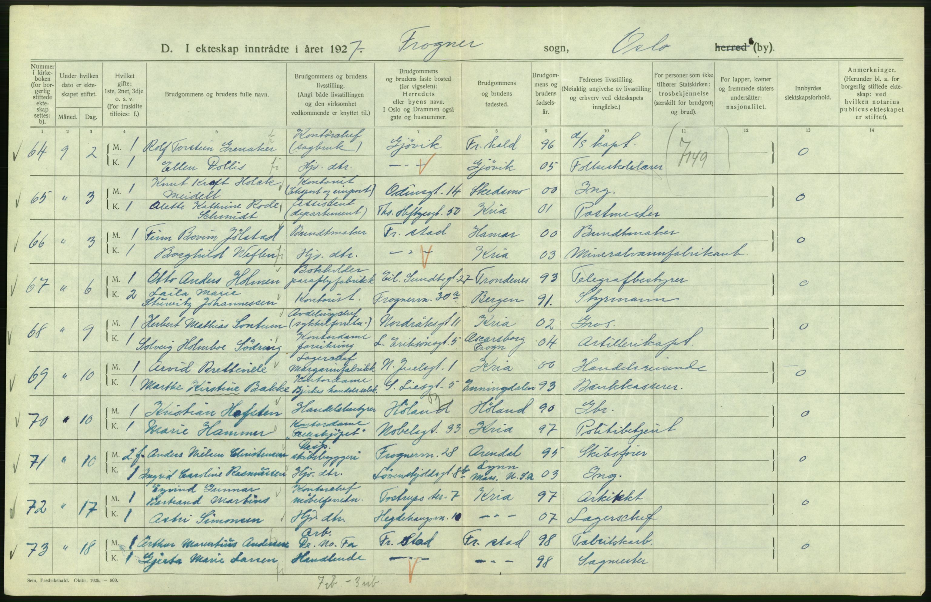 Statistisk sentralbyrå, Sosiodemografiske emner, Befolkning, AV/RA-S-2228/D/Df/Dfc/Dfcg/L0008: Oslo: Gifte, 1927, p. 182