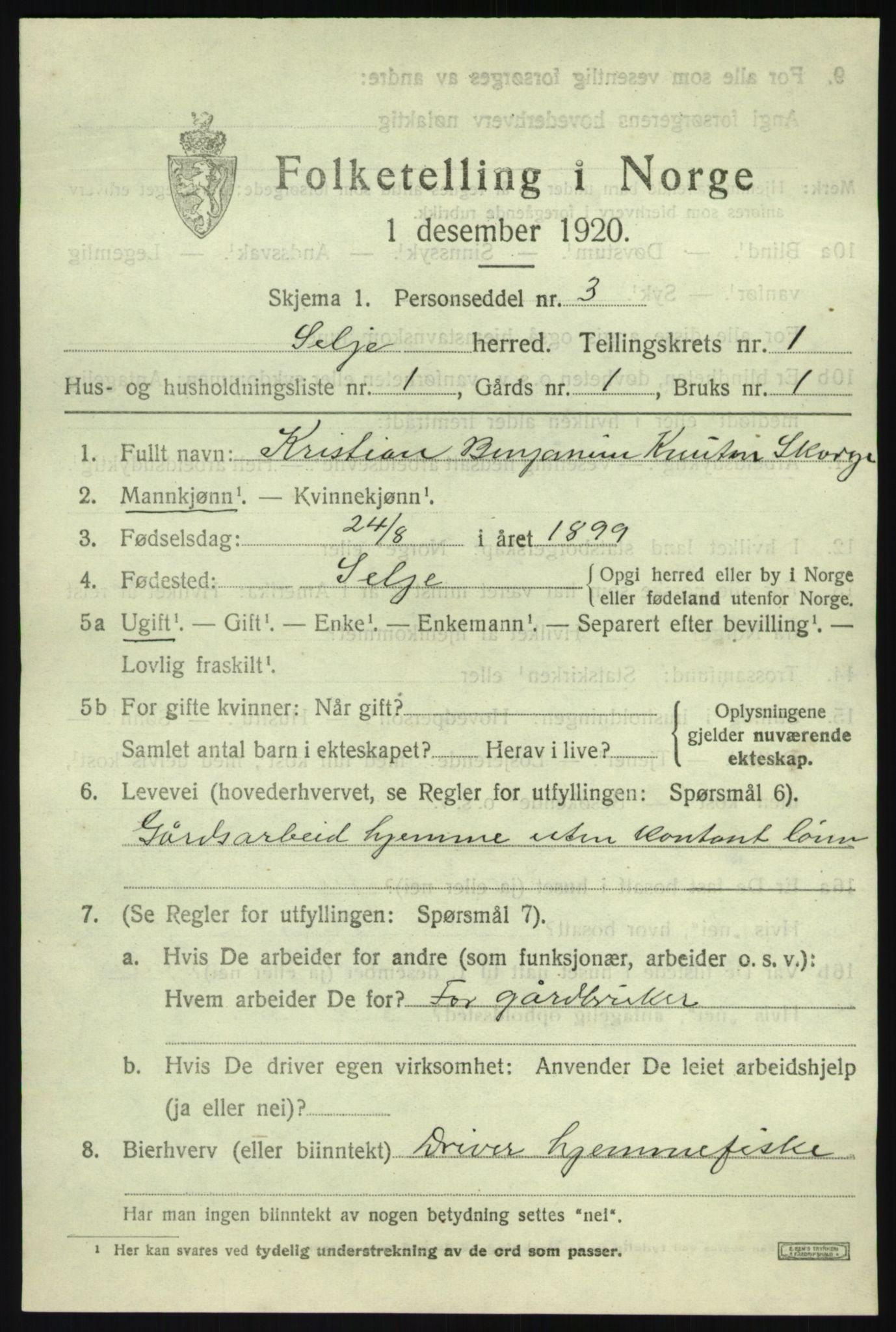 SAB, 1920 census for Selje, 1920, p. 1199