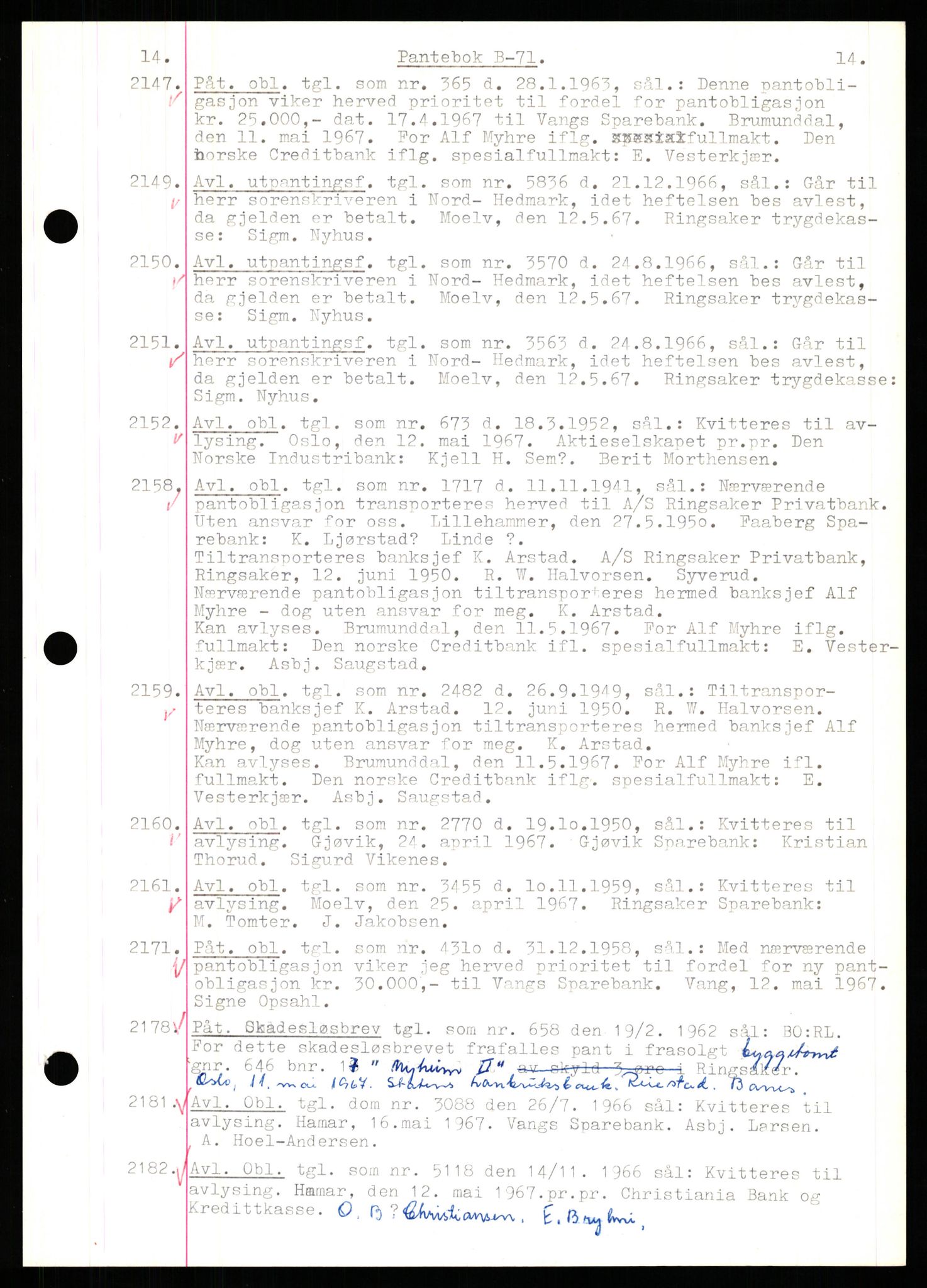Nord-Hedmark sorenskriveri, SAH/TING-012/H/Hb/Hbf/L0071: Mortgage book no. B71, 1967-1967, Diary no: : 2147/1967