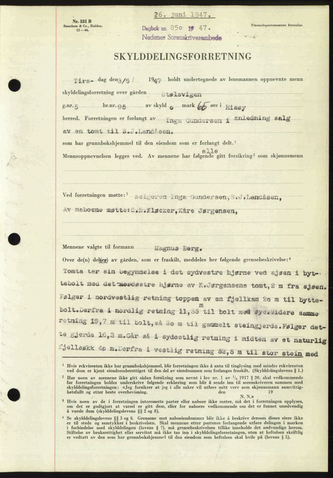 Nedenes sorenskriveri, SAK/1221-0006/G/Gb/Gba/L0057: Mortgage book no. A9, 1947-1947, Diary no: : 850/1947