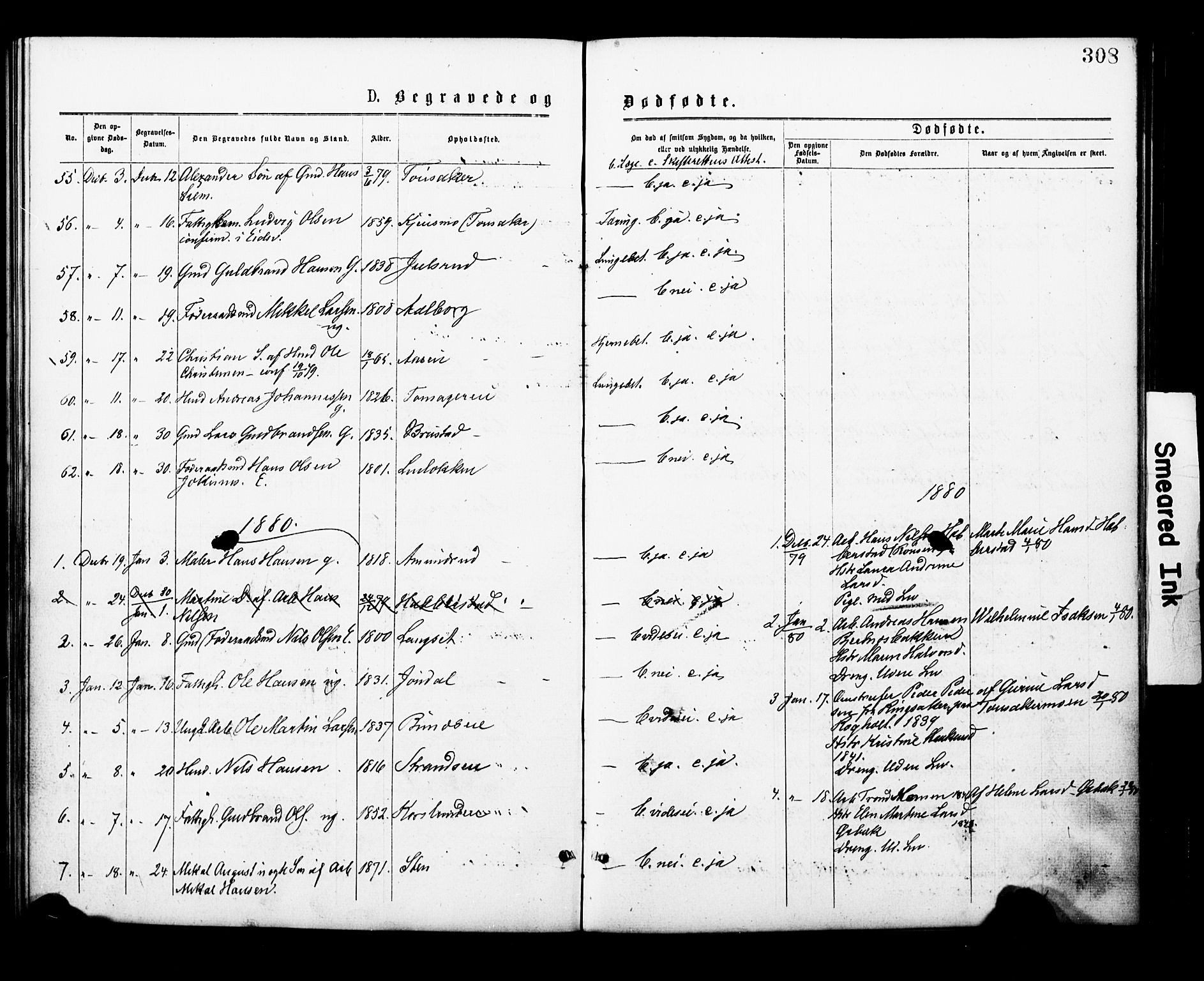 Eidsvoll prestekontor Kirkebøker, SAO/A-10888/F/Fa/L0001: Parish register (official) no. I 1, 1877-1881, p. 308