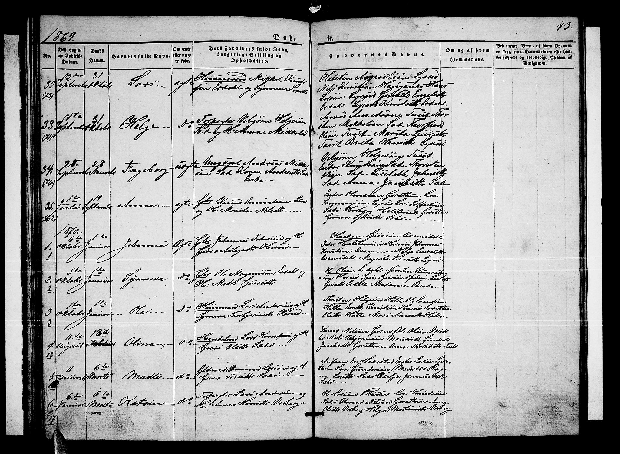 Ullensvang sokneprestembete, SAB/A-78701/H/Hab: Parish register (copy) no. C 1, 1855-1871, p. 43