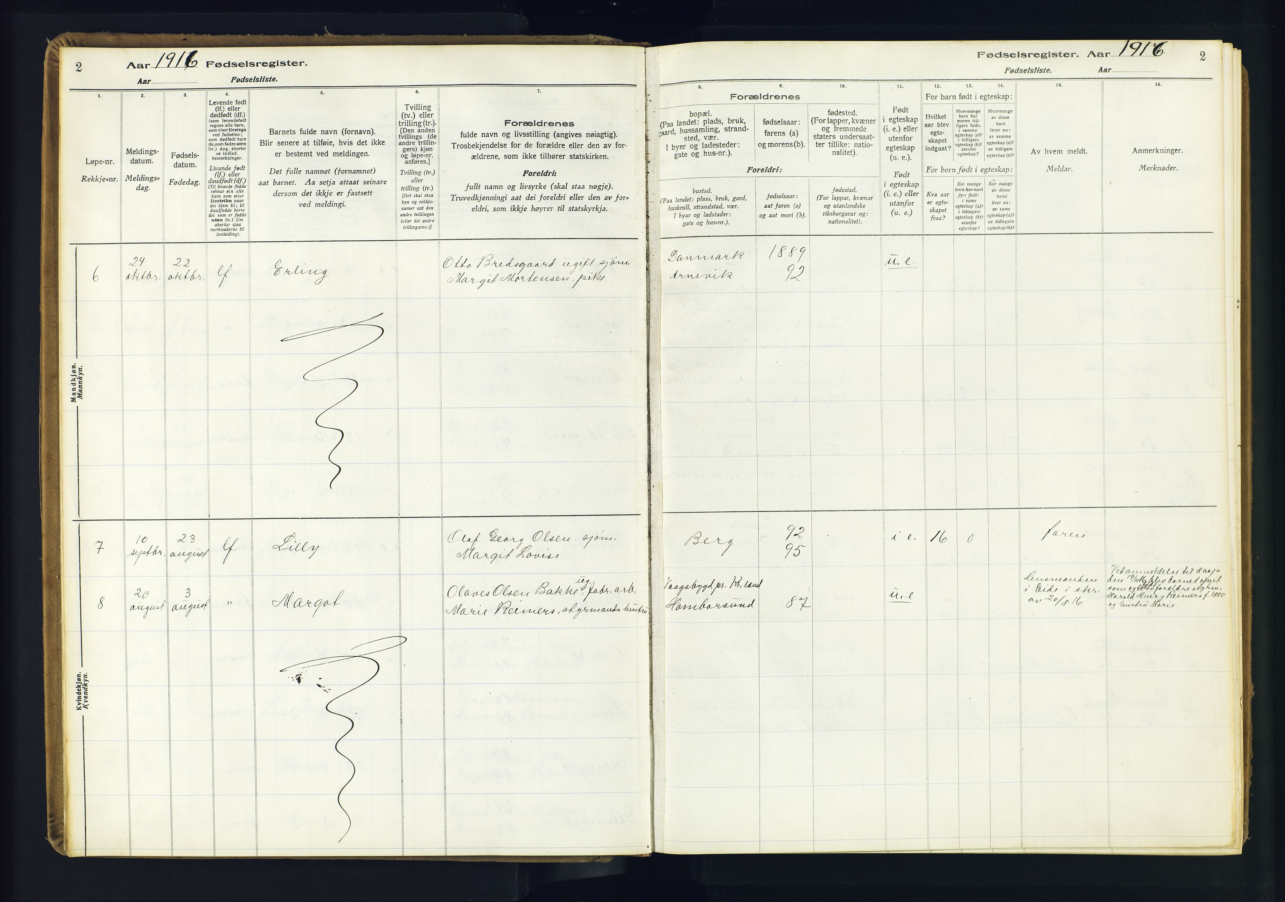 Hommedal sokneprestkontor, AV/SAK-1111-0023/J/Jd/L0003: Birth register no. 3, 1916-1982, p. 2