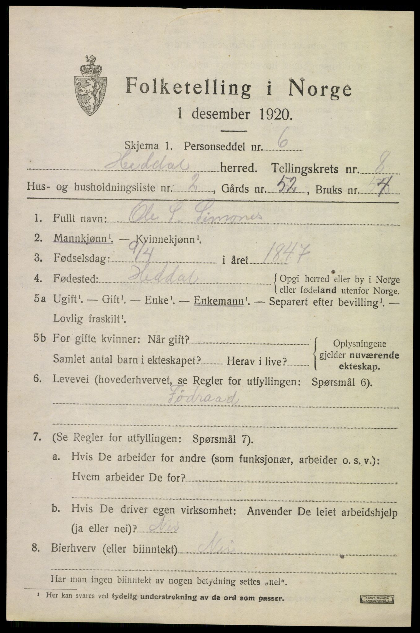 SAKO, 1920 census for Heddal, 1920, p. 6020